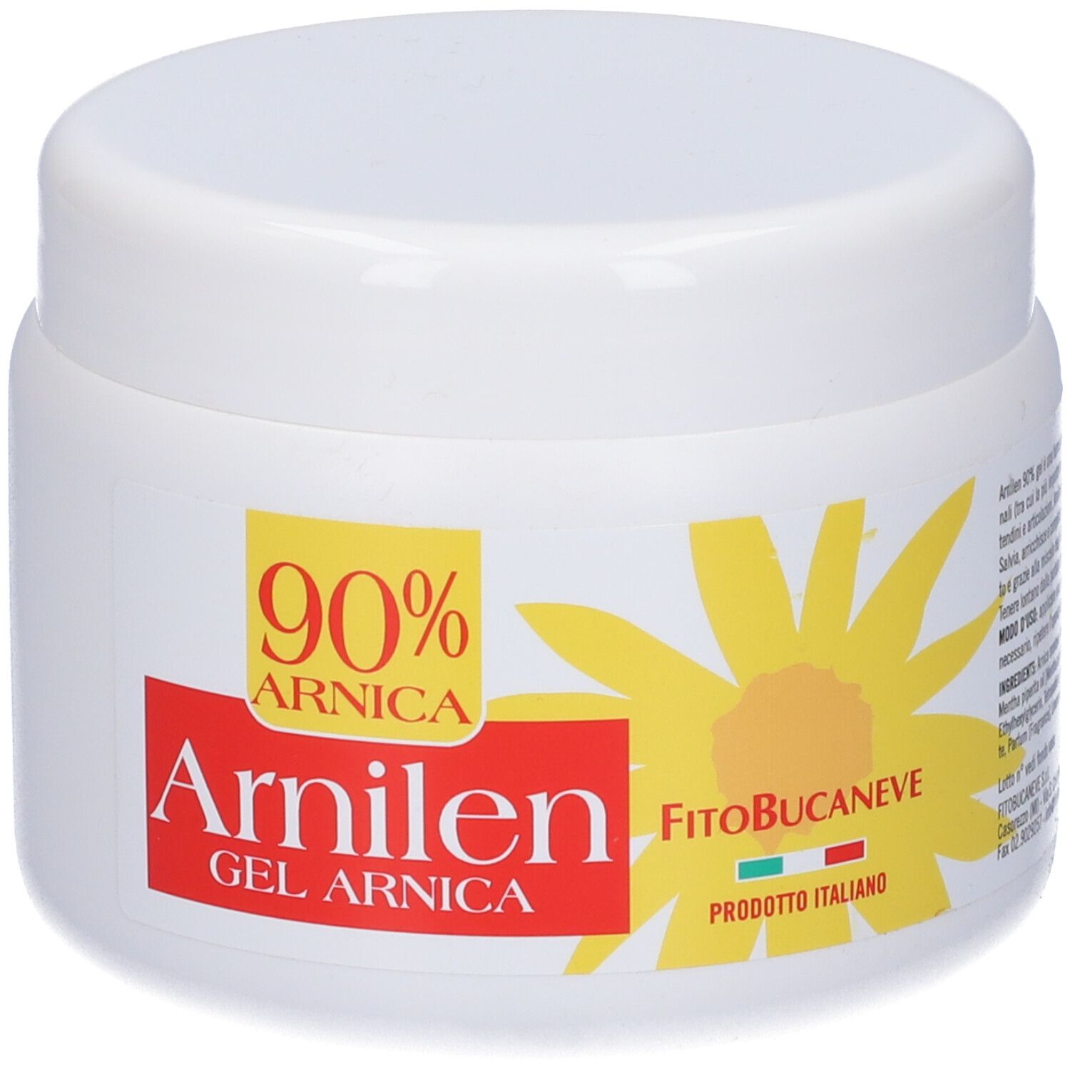 Vaso bianco con etichetta gialla e rossa. Scritta: 90% Arnica, Arnilen Gel Arnica, FitoBucaneve, Prodotto Italiano.