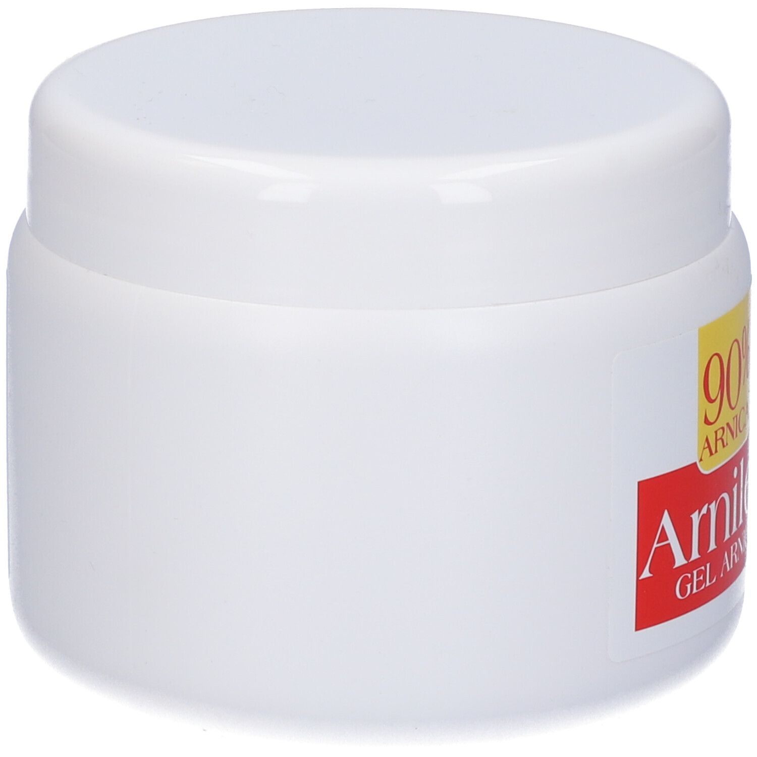 Vaso bianco, vista laterale. Scritta parzialmente visibile: 90% Arnica, Arnilen Gel Arnica.