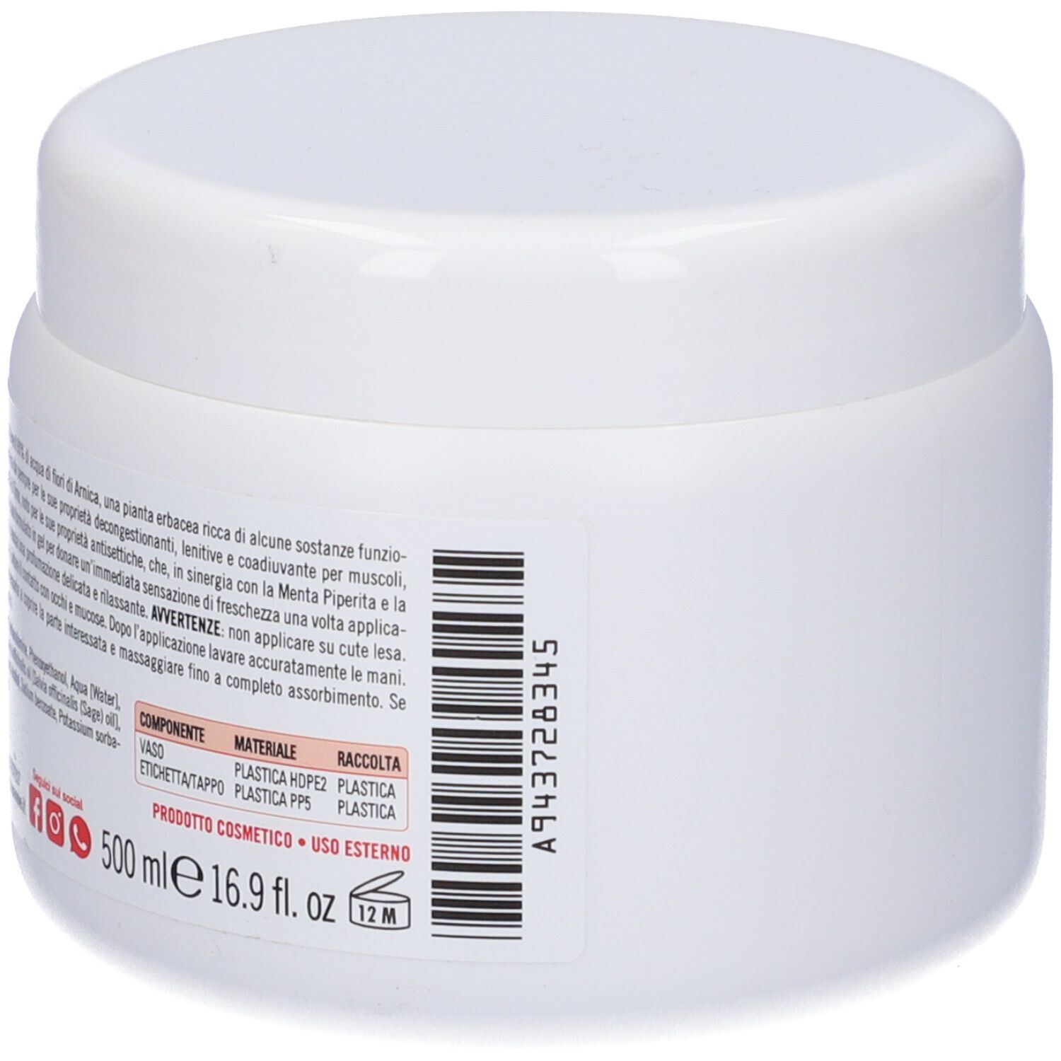 Vaso bianco, retro. Etichetta con testo e codice a barre. Scritta: 500 ml, 16.9 fl. oz.