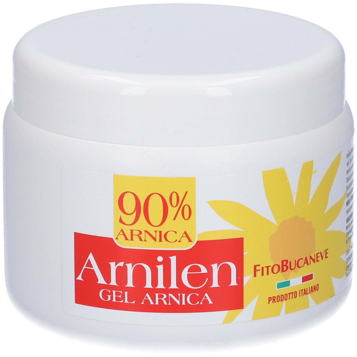 Vaso bianco con etichetta gialla e rossa. Scritta: 90% Arnica, Arnilen Gel Arnica, FitoBucaneve, Prodotto Italiano.