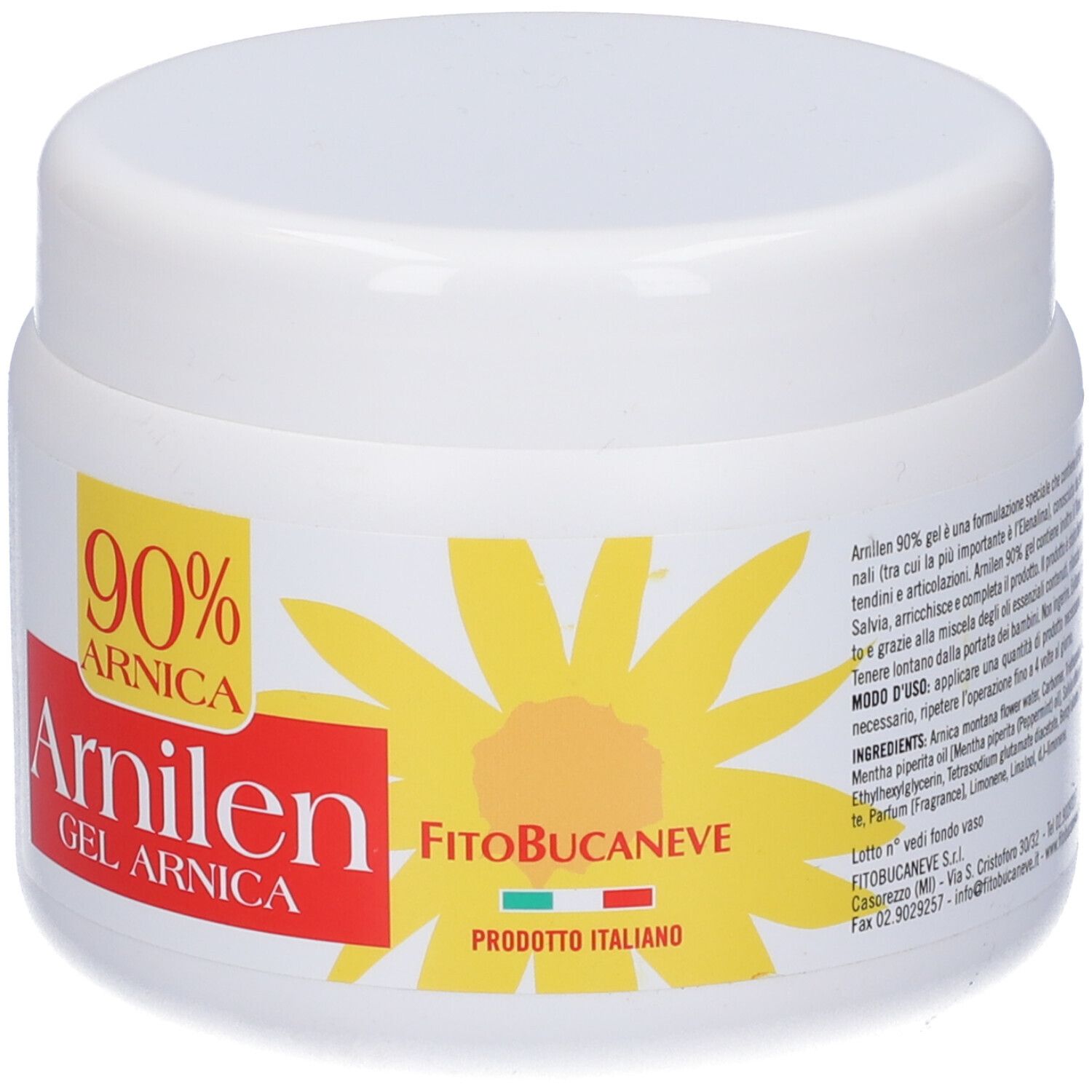 Vaso bianco con etichetta gialla e rossa. Scritta: 90% Arnica, Arnilen Gel Arnica, FitoBucaneve, Prodotto Italiano.