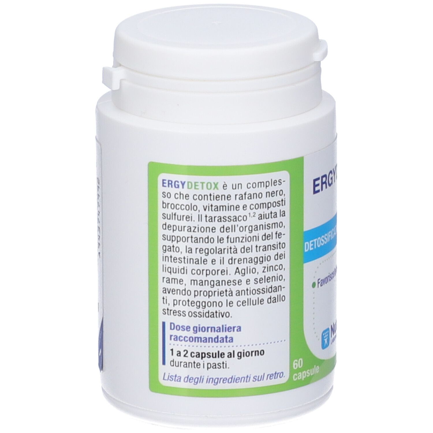 Retro del flacone di capsule bianco. Testo: Ergydetox, Detossificazione. Contiene ingredienti. Dosaggio: 1-2 capsule al giorno. 60 capsule.