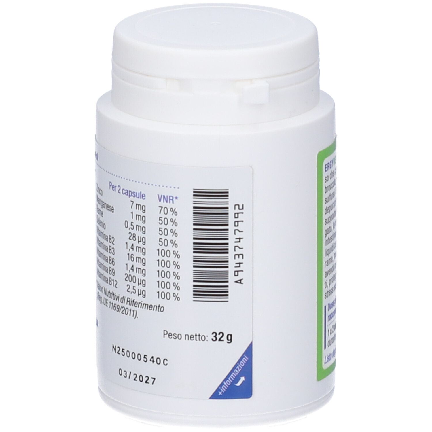 Retro del flacone di capsule bianco. Contiene informazioni nutrizionali. Peso: 32g. Codice a barre e numero di lotto. Scadenza: 03/2027.