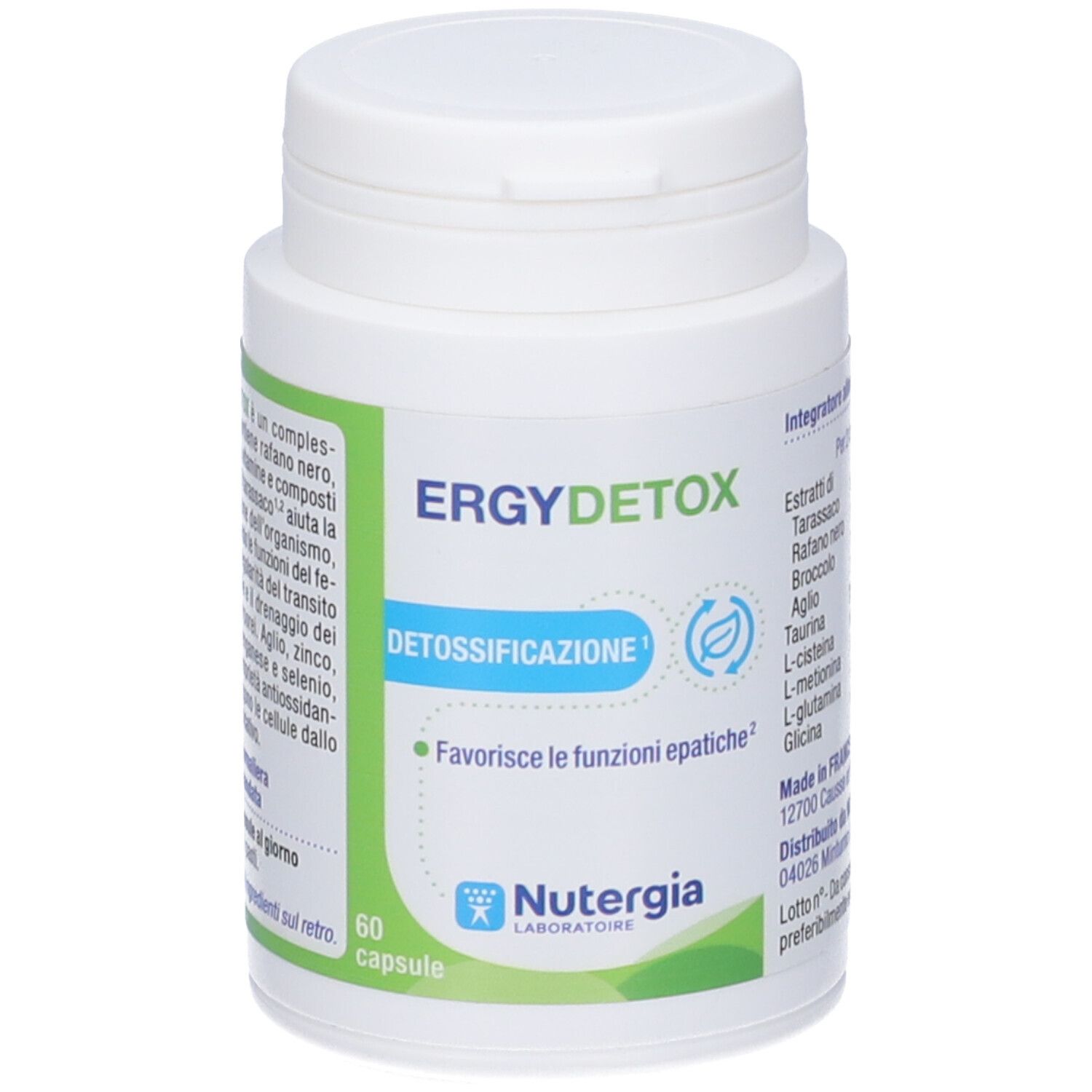 Flacone bianco con etichetta verde. Scritta Ergydetox, Detossificazione. Contiene 60 capsule. Marchio: Nutergia.