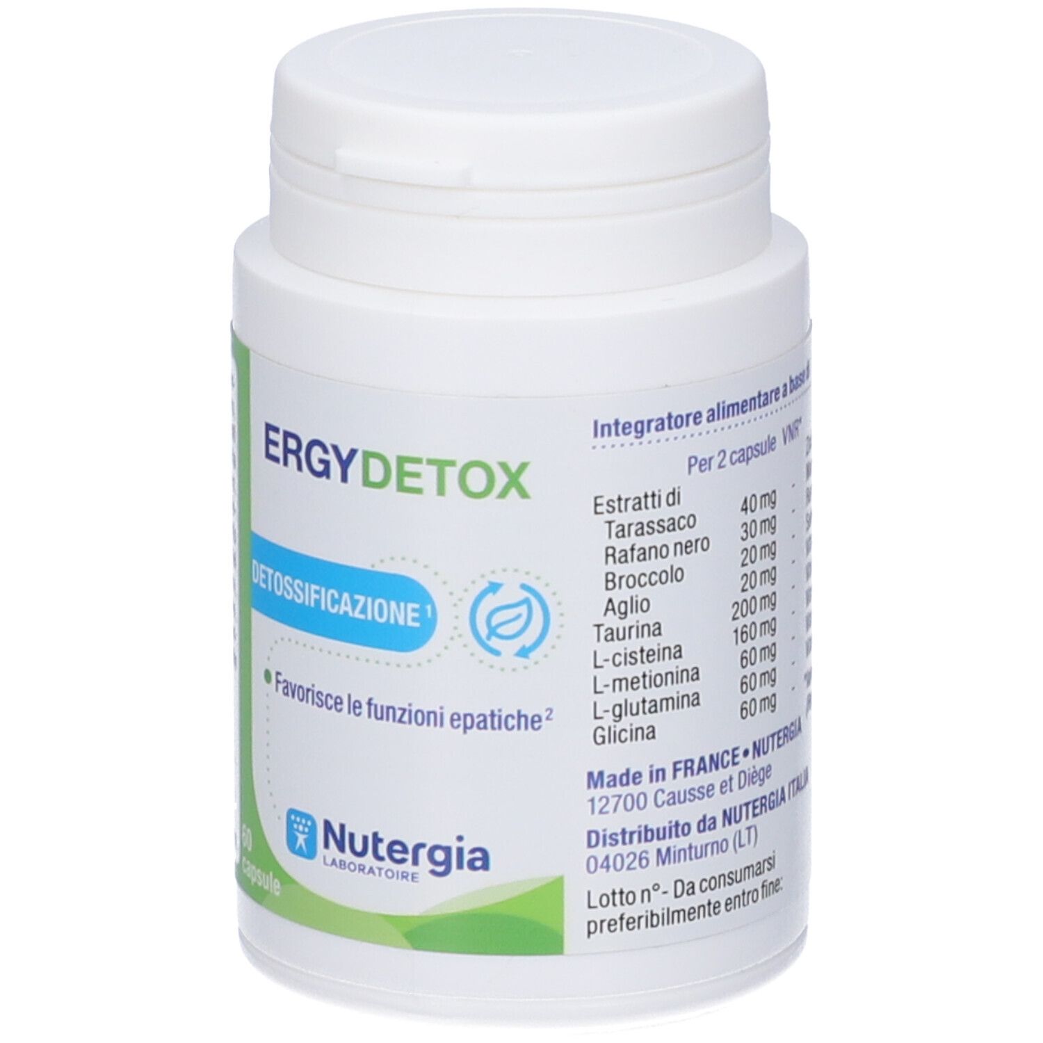 Flacone bianco con etichetta verde. Scritta Ergydetox, Detossificazione. Contiene ingredienti. Marchio: Nutergia. Prodotto in Francia.