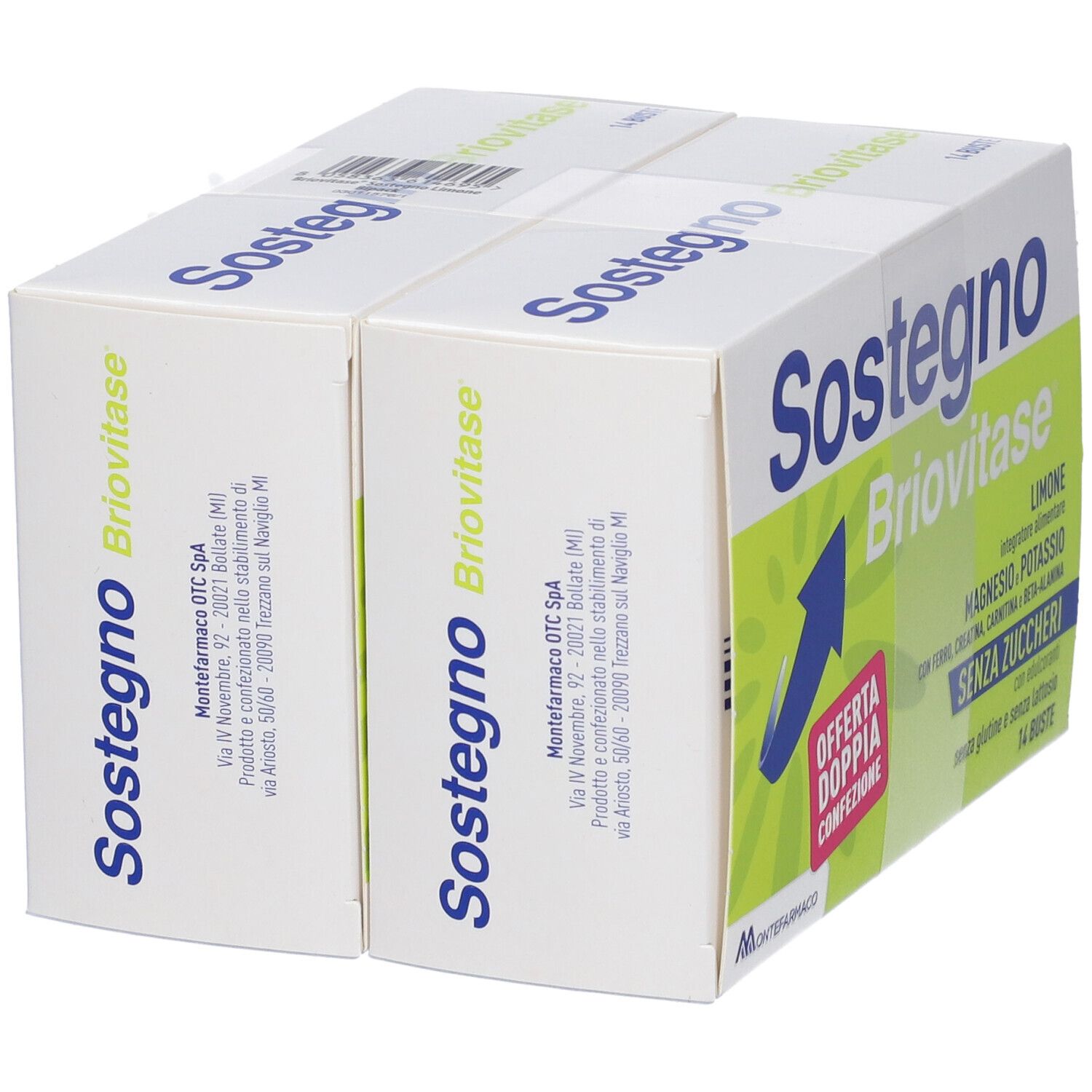 Due confezioni BRIOVITASE SOSTEGNO LIM BIPACK. Scritta: Senza zucchero, con ferro, magnesio, potassio. Offerta doppia.