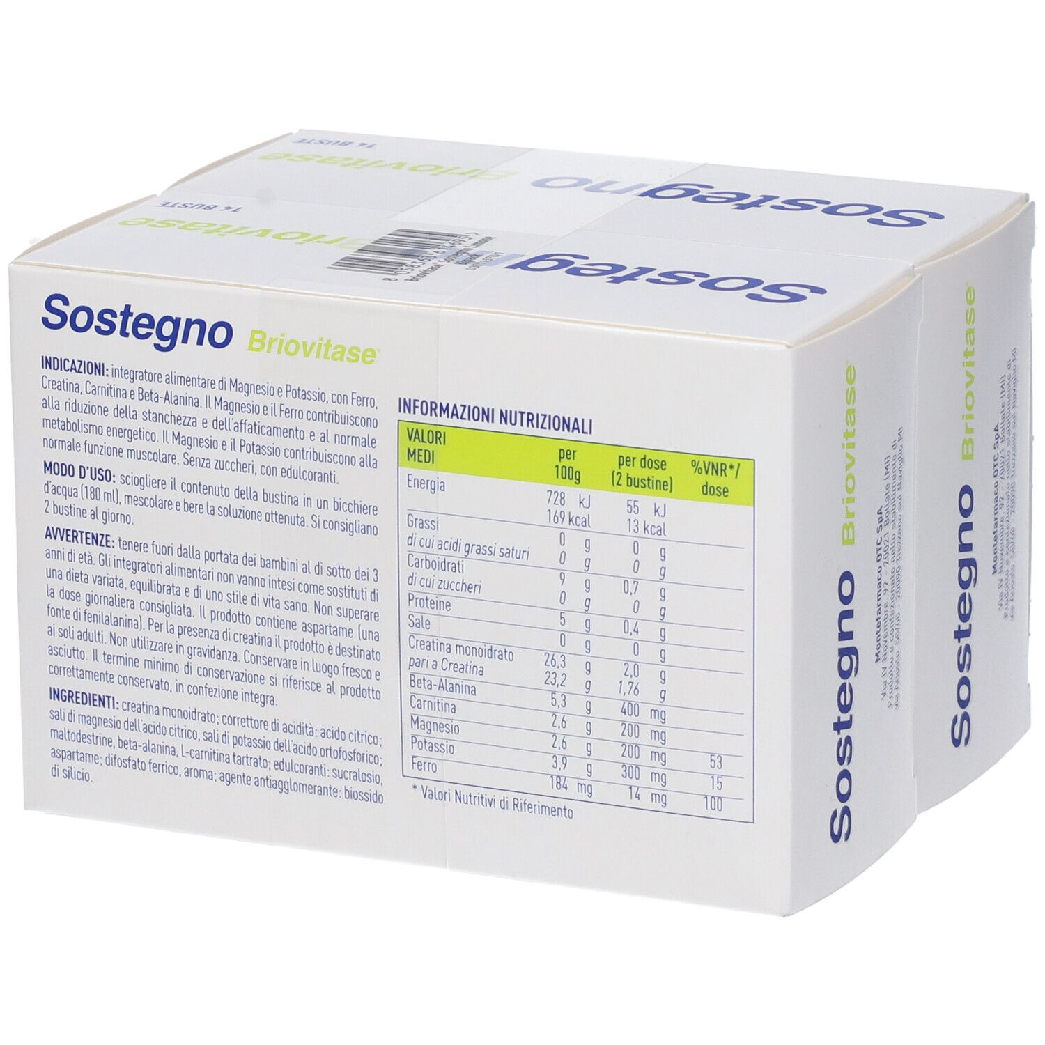 Retro confezione BRIOVITASE SOSTEGNO LIM BIPACK. Contiene informazioni nutrizionali. Testo in italiano.