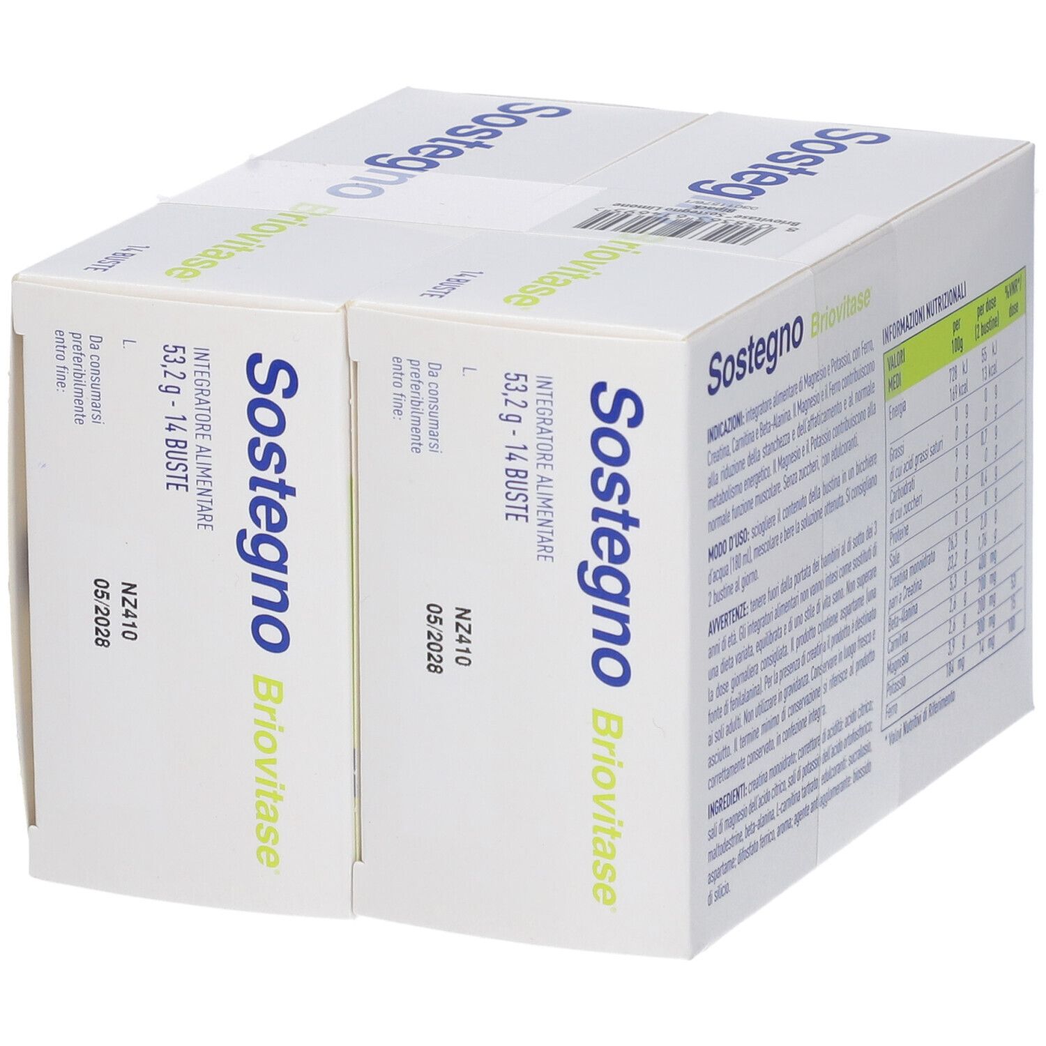 Due confezioni BRIOVITASE SOSTEGNO LIM BIPACK. Scritta: 14 bustine, integratore alimentare. Scadenza 05-2028.