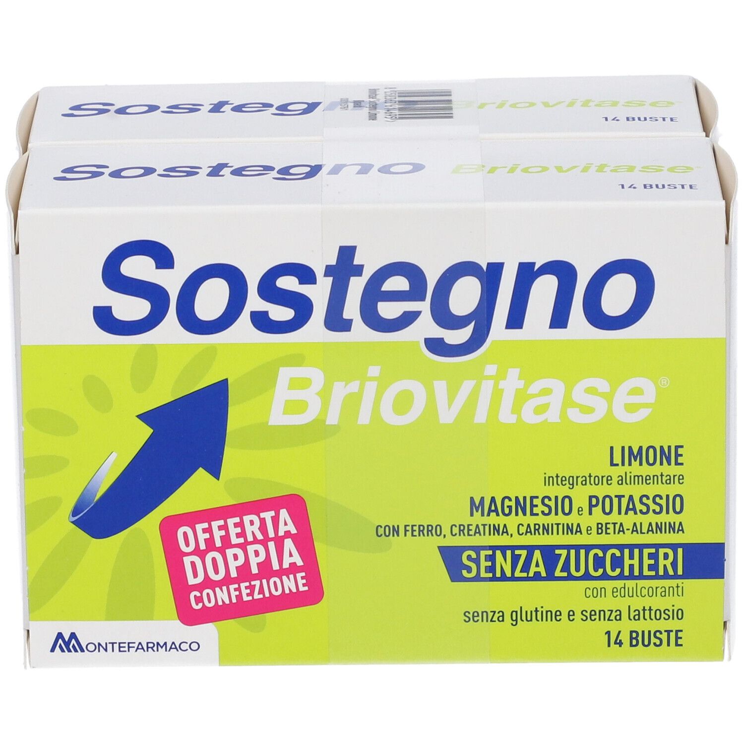 Confezione BRIOVITASE SOSTEGNO LIM BIPACK. Contiene 14 bustine. Scritta: Senza zucchero, con ferro, magnesio, potassio. Offerta doppia.