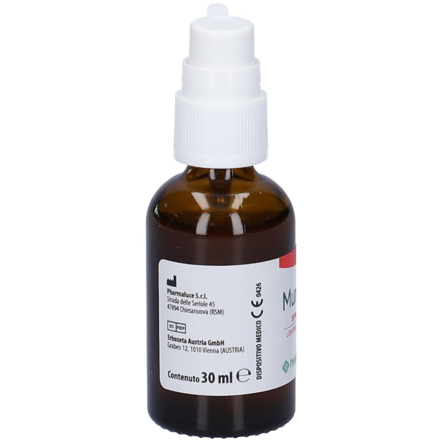 Flacone di vetro marrone con nebulizzatore bianco. Scritta: 30 ml. Marchio: Pharmaluce. Dispositivo medico.