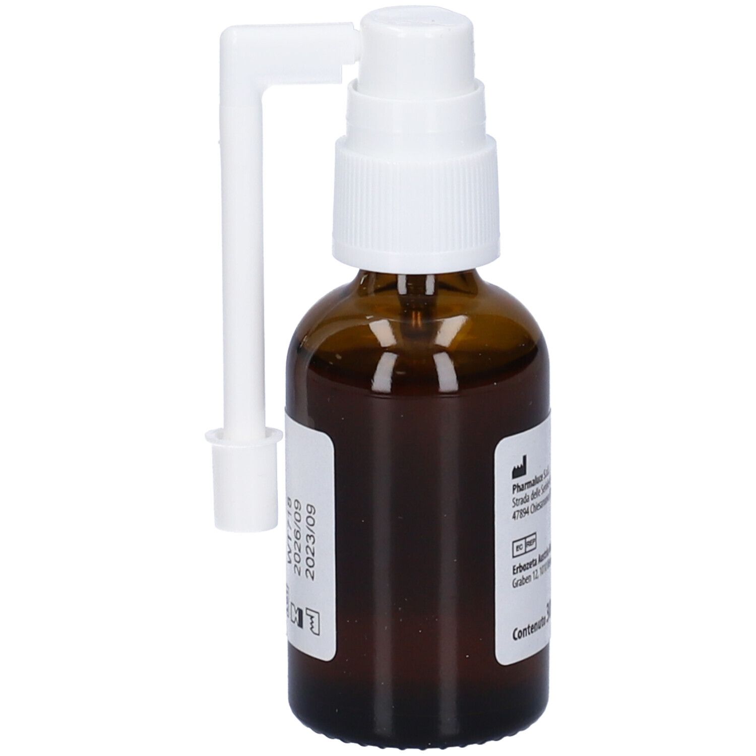 Flacone di vetro marrone con nebulizzatore e applicatore bianchi. Scritta: 2023/09. Marchio: Pharmaluce.