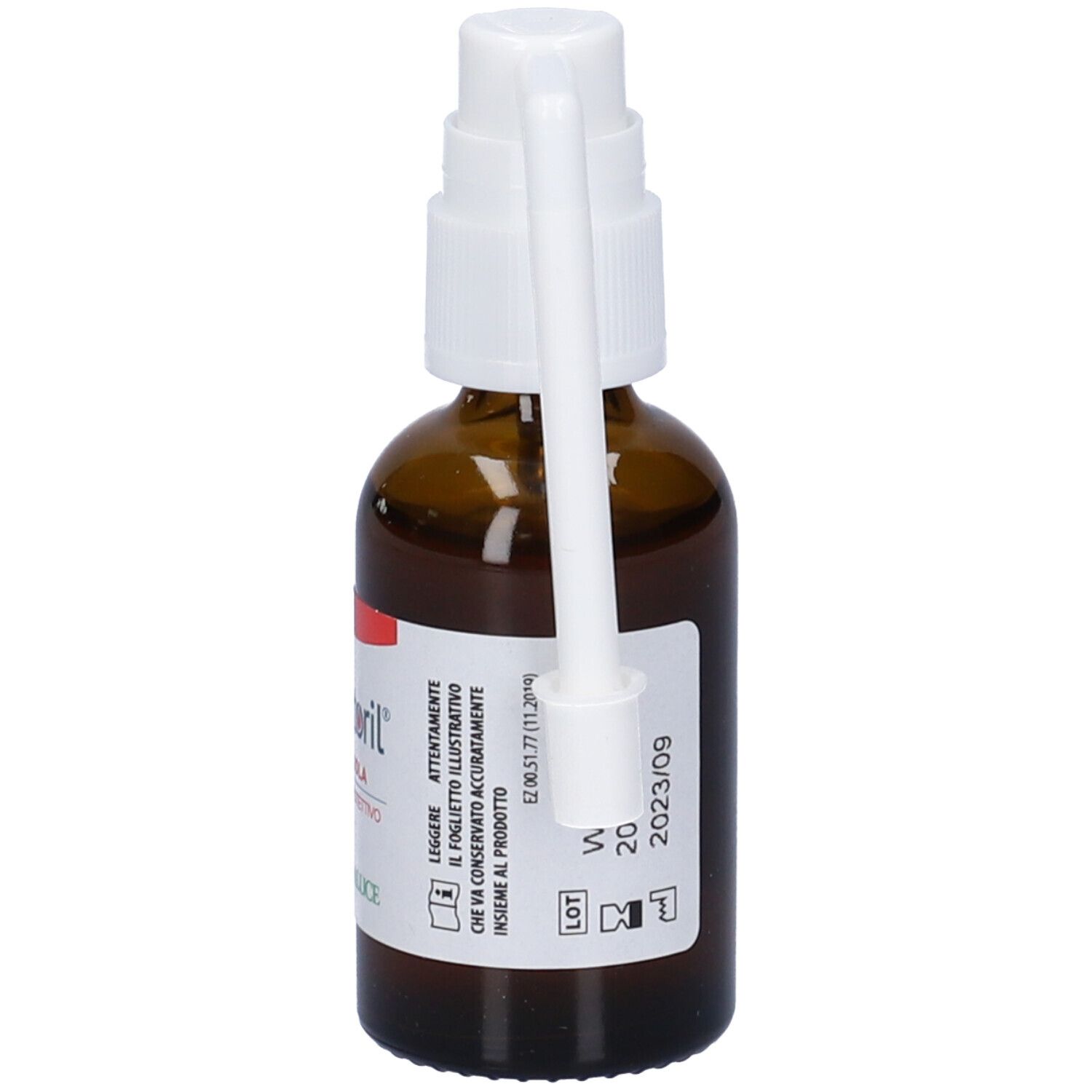 Flacone di vetro marrone con nebulizzatore e applicatore bianchi. Scritta: 2023/09. Marchio: Pharmaluce. Dispositivo medico.