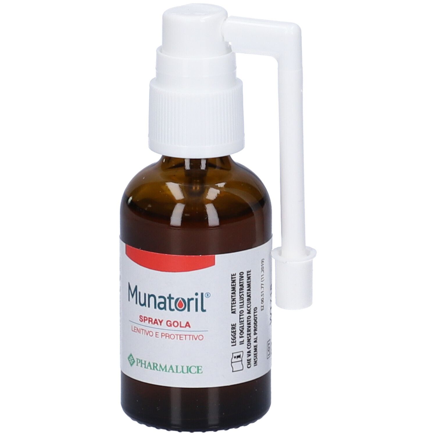 Flacone di vetro marrone con nebulizzatore e applicatore bianchi. Scritta: Munatoril Spray Gola. Marchio: Pharmaluce.