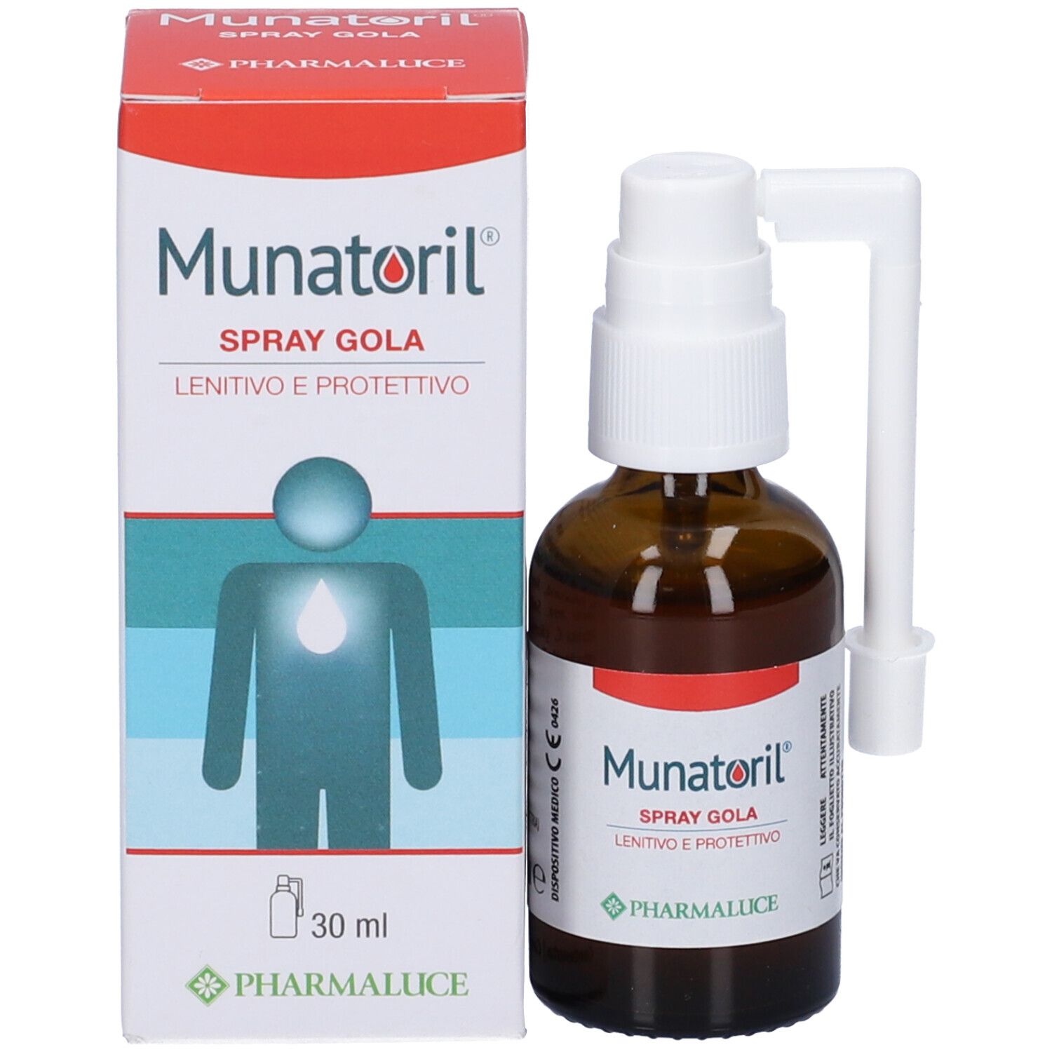 Confezione del prodotto con flacone. Scritta: Munatoril Spray Gola. Marchio: Pharmaluce. 30 ml.