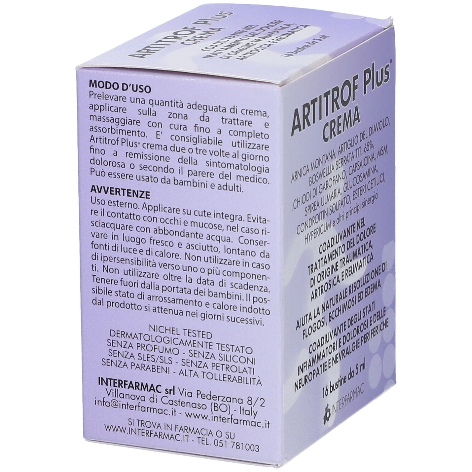 Scatola Artitrof Plus Crema, vista laterale. Testo su uso e avvertenze. Confezione viola.