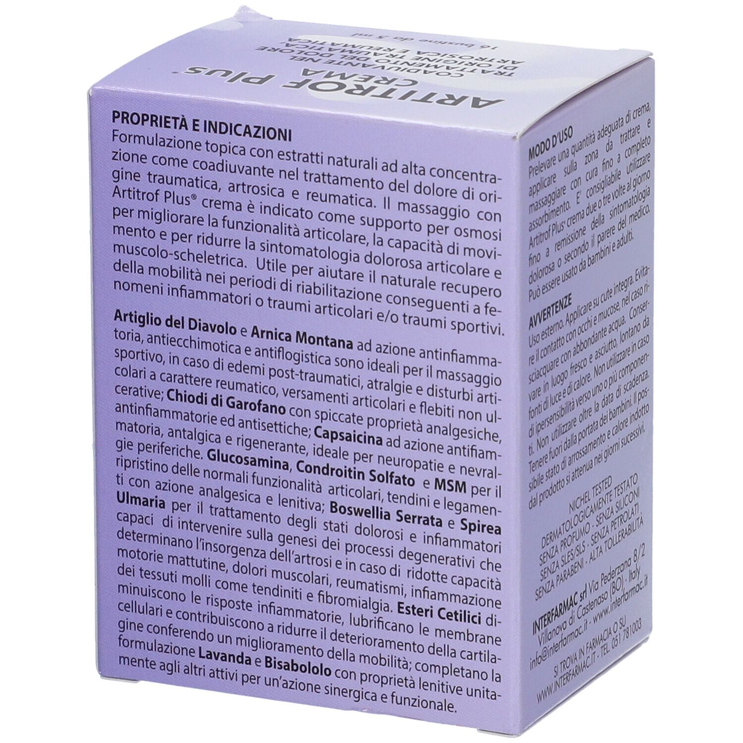 Scatola Artitrof Plus Crema, retro. Testo su proprietà e indicazioni. Confezione viola.