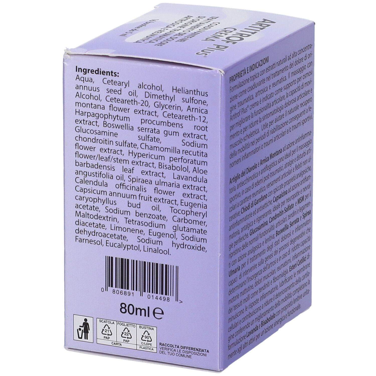 Scatola Artitrof Plus Crema, vista laterale con ingredienti. Confezione viola con testo.
