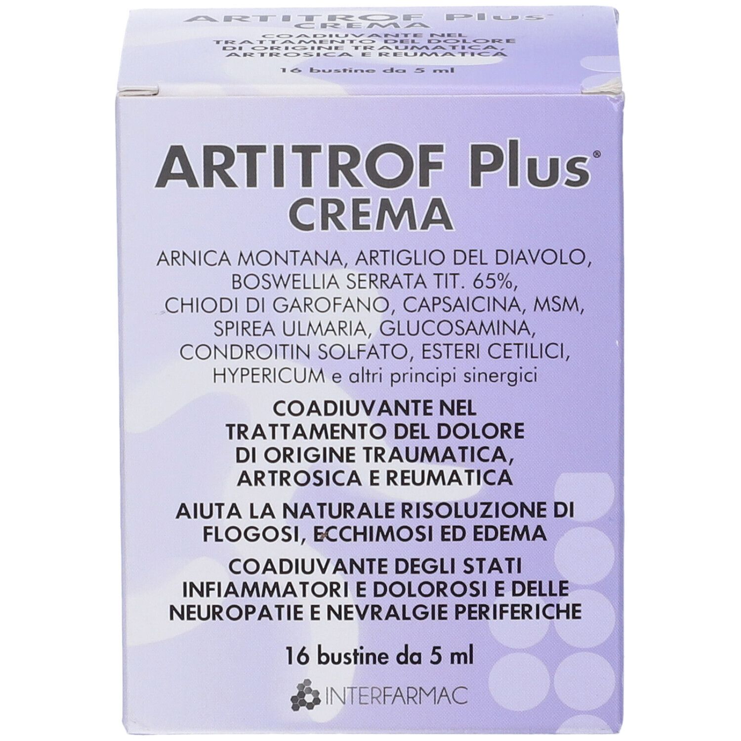 Scatola Artitrof Plus Crema. Vista frontale. Confezione viola con nome del prodotto e testo.