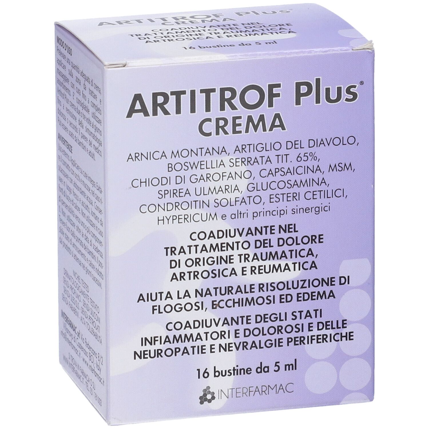 Scatola Artitrof Plus Crema. Vista frontale. Confezione viola con nome del prodotto e testo.