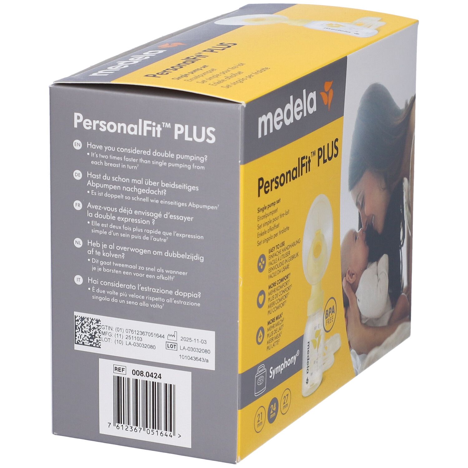 Retro della scatola gialla. Nome prodotto PersonalFit PLUS. Contiene informazioni multilingue. Codice a barre e numero di riferimento.