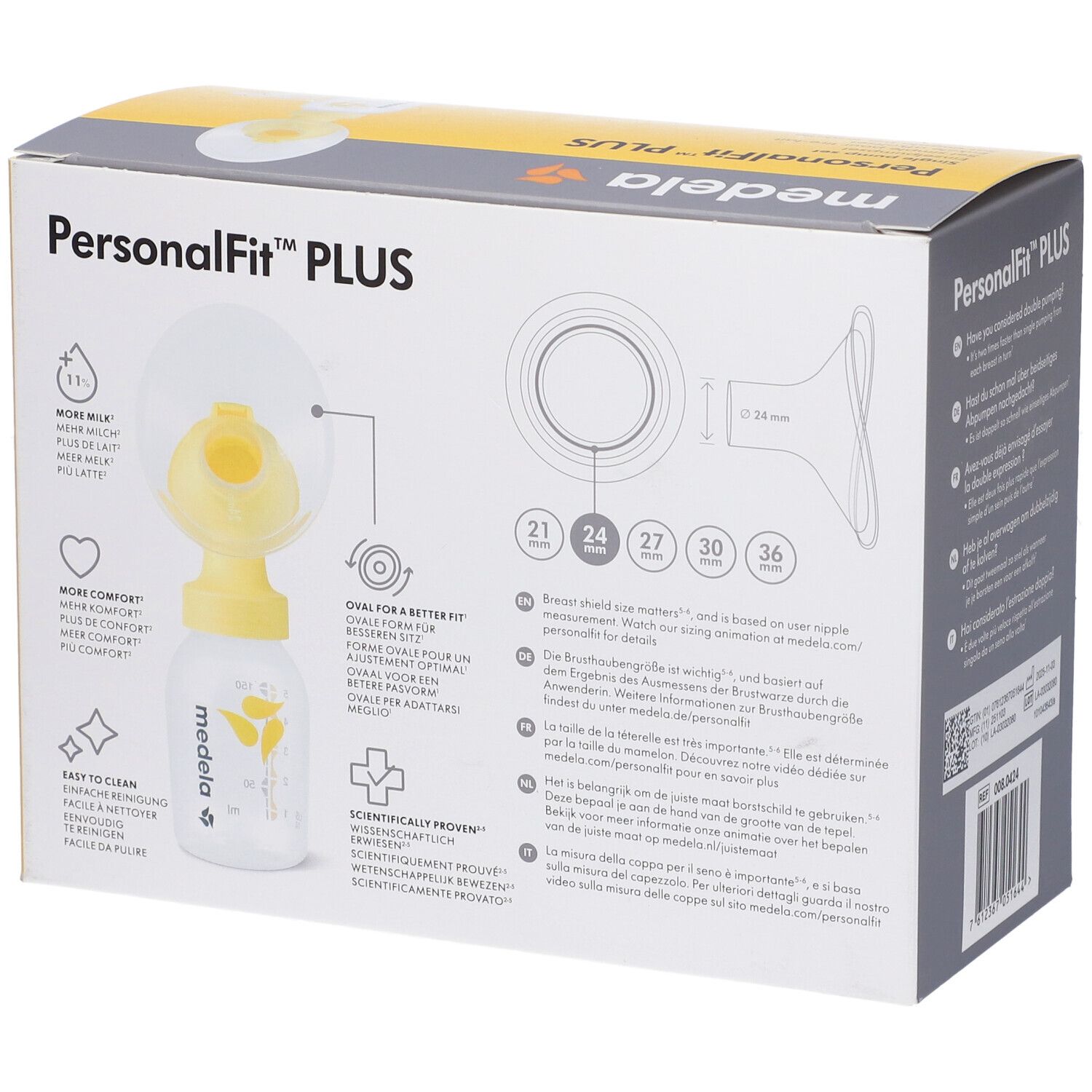 Retro della scatola. Nome prodotto PersonalFit PLUS. Immagine della coppa con indicazioni taglia. Informazioni multilingue.