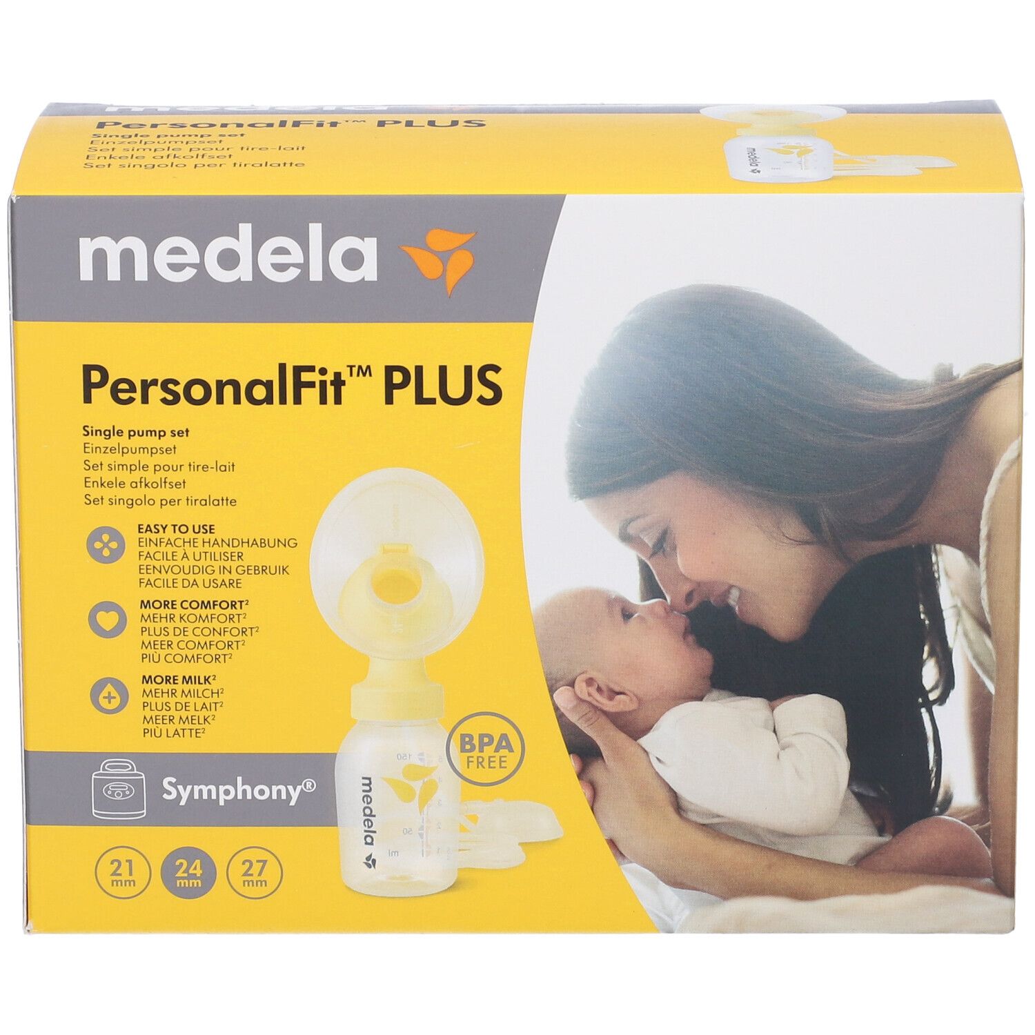 Scatola gialla con immagine del prodotto. Marchio Medela, nome PersonalFit PLUS. Contiene bottiglia e accessori. Senza BPA.