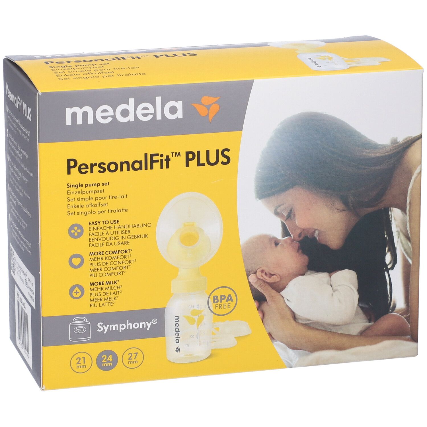 Scatola gialla con immagine del prodotto. Marchio Medela, nome PersonalFit PLUS. Contiene bottiglia e accessori. Senza BPA.