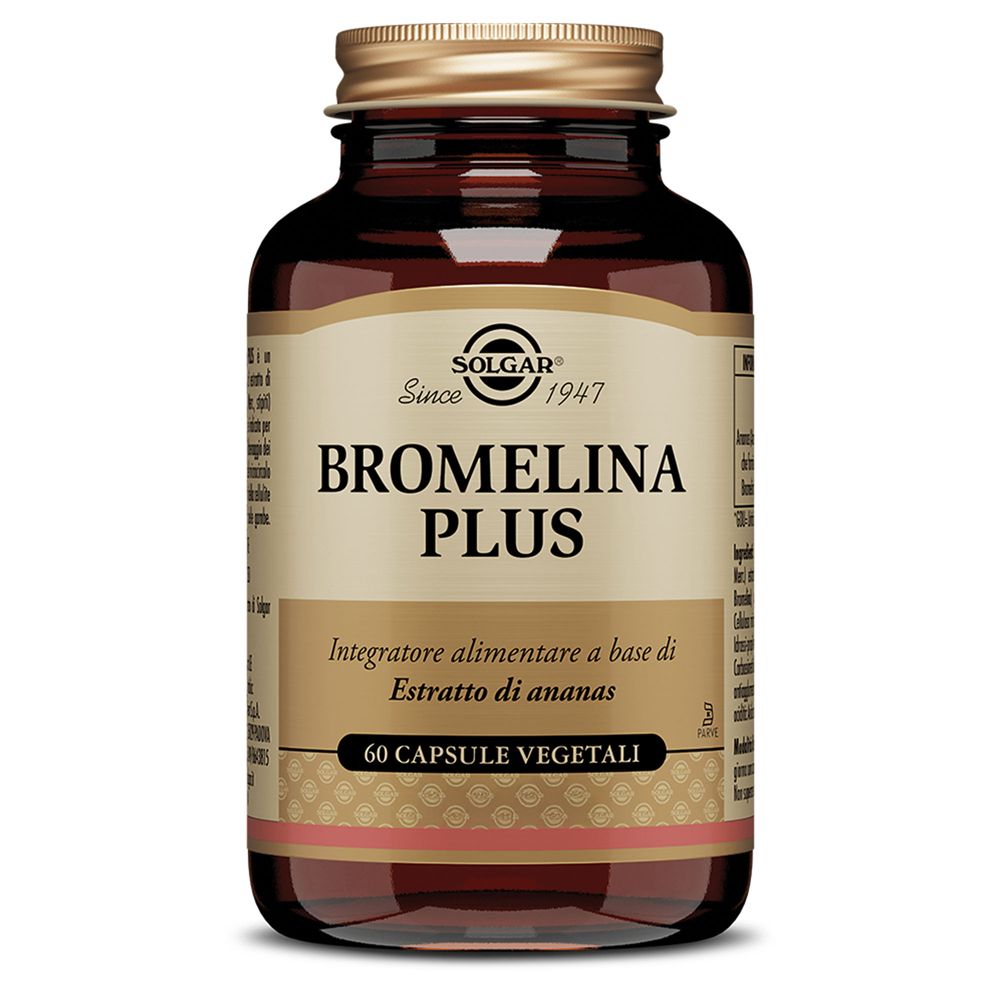 Flacone di vetro marrone SOLGAR Bromelina Plus. Etichetta con nome e dettagli. Tappo dorato. 60 capsule vegetali.
