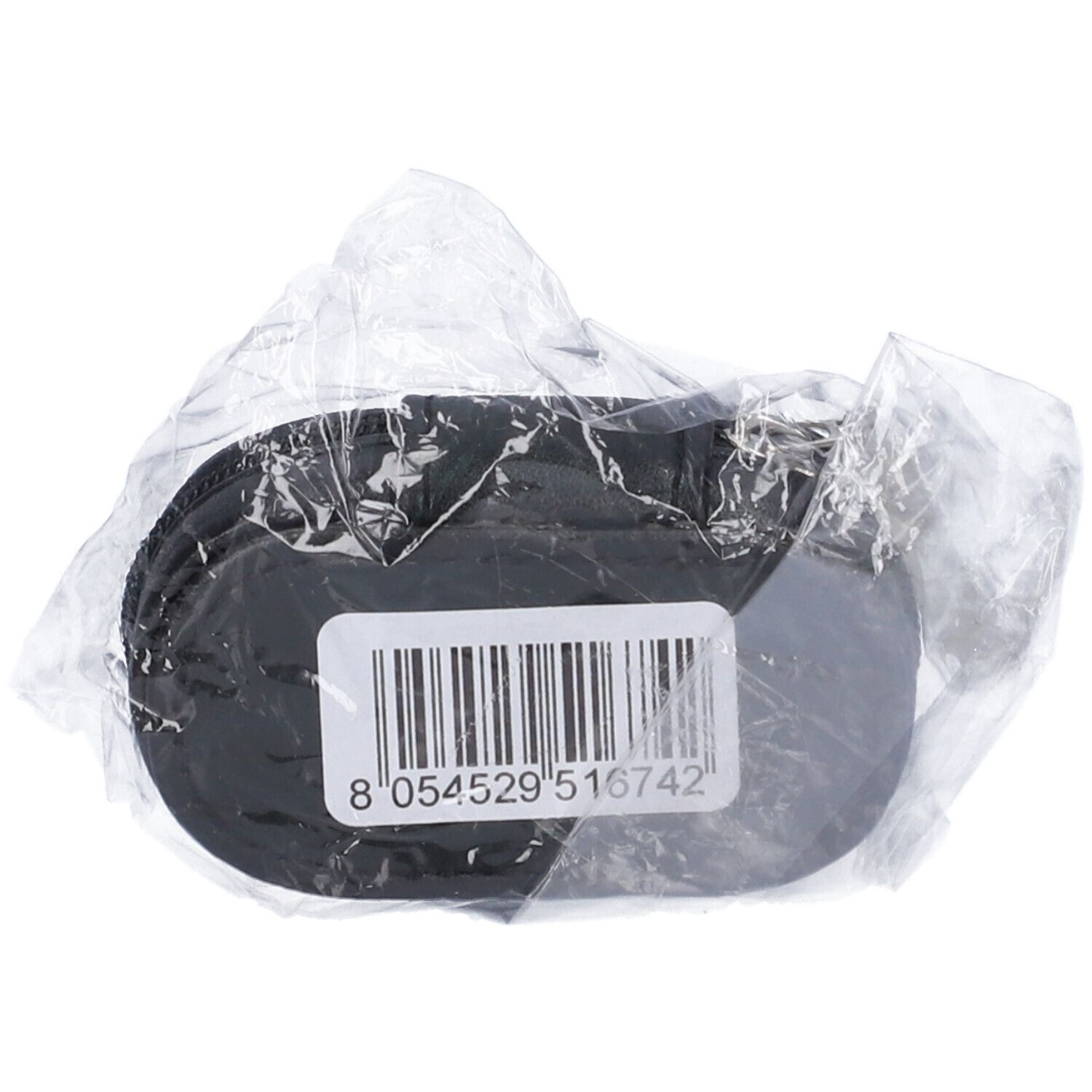 Astuccio ovale nero in confezione trasparente. Etichetta con codice a barre. Astuccio in pelle.