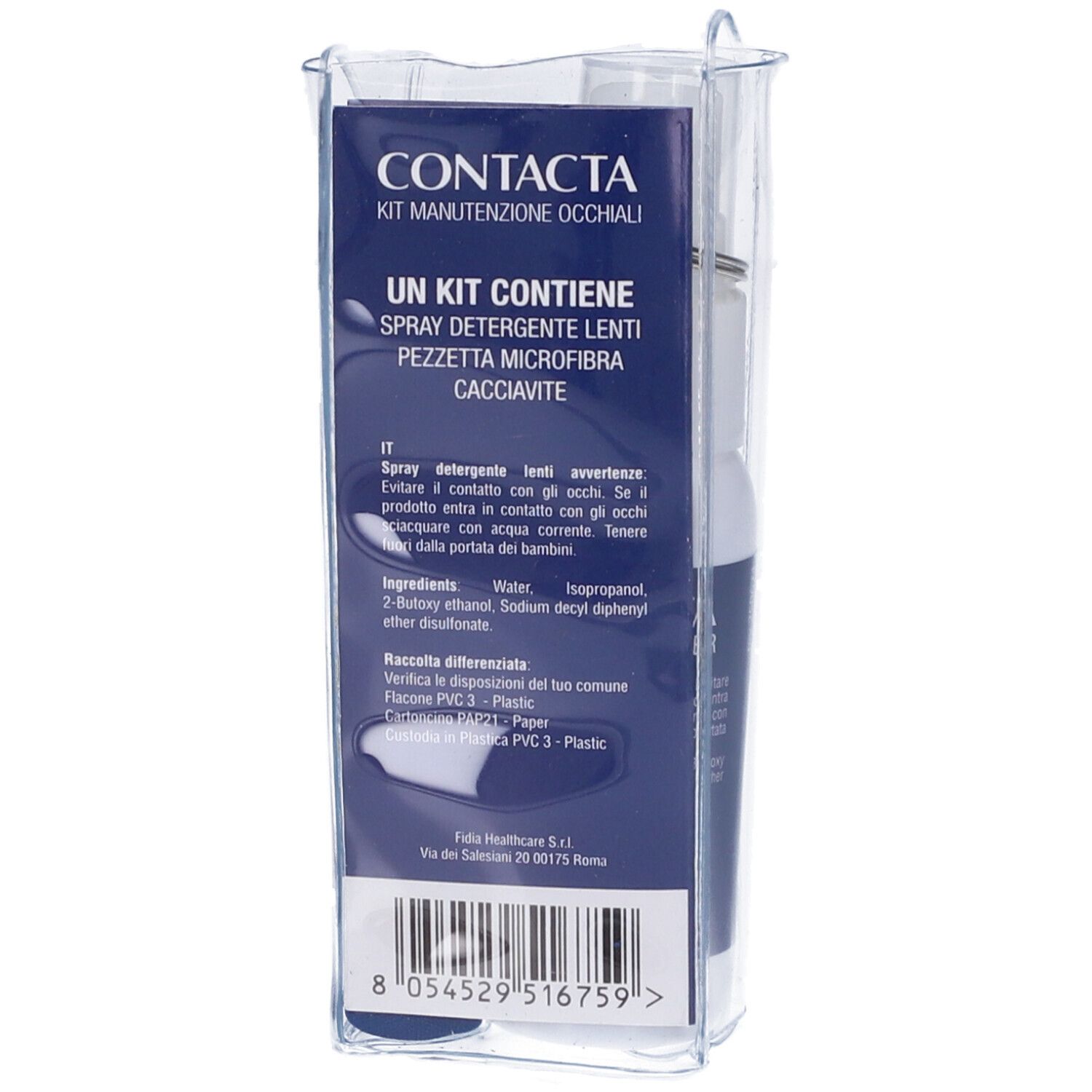 Retro della confezione del kit Contacta per la pulizia delle lenti. Contiene informazioni sul prodotto e ingredienti.
