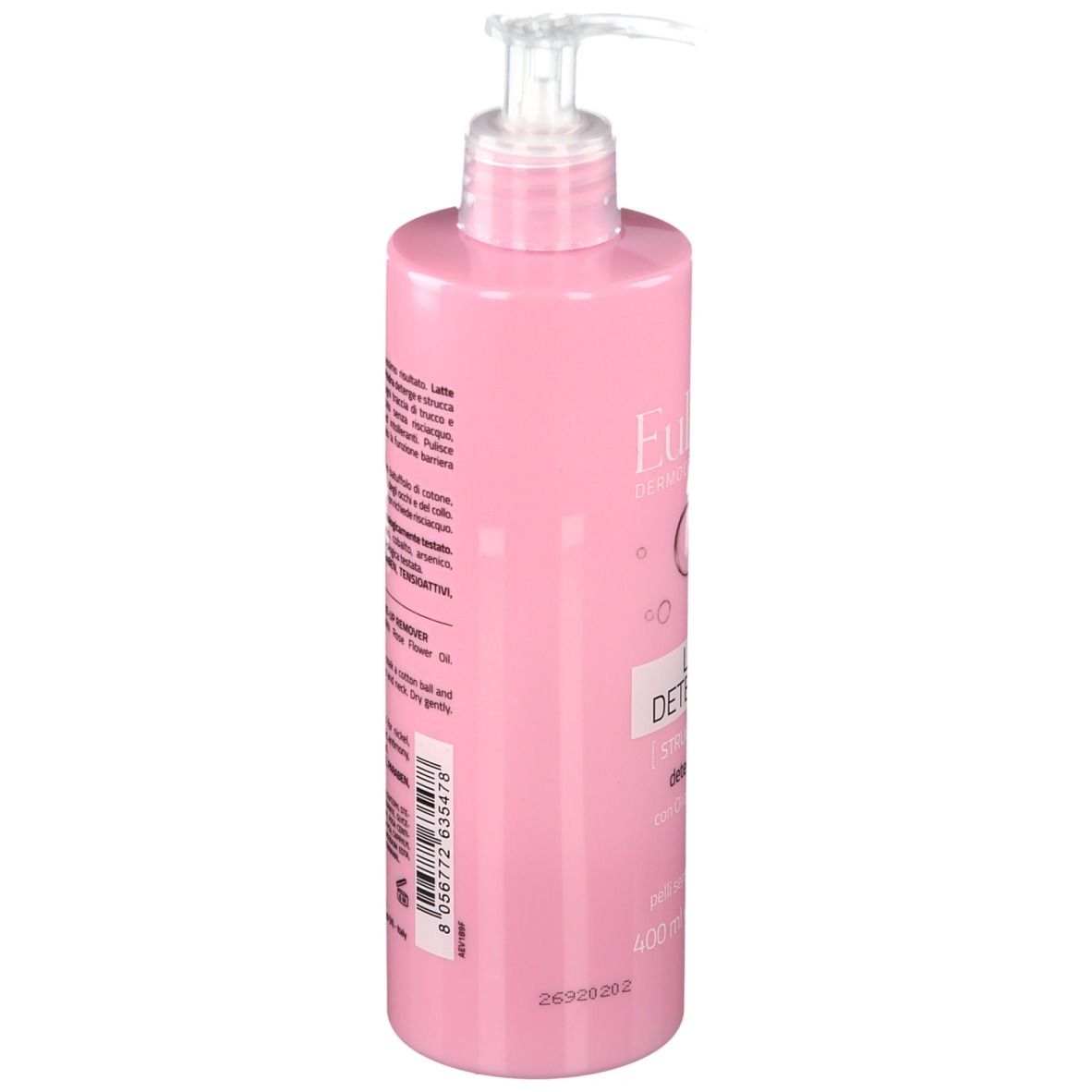 Flacone rosa con dosatore. Scritta: EuPhidra, Latte Detergente, Struccante 2 in 1. 400 ml. Vista laterale.
