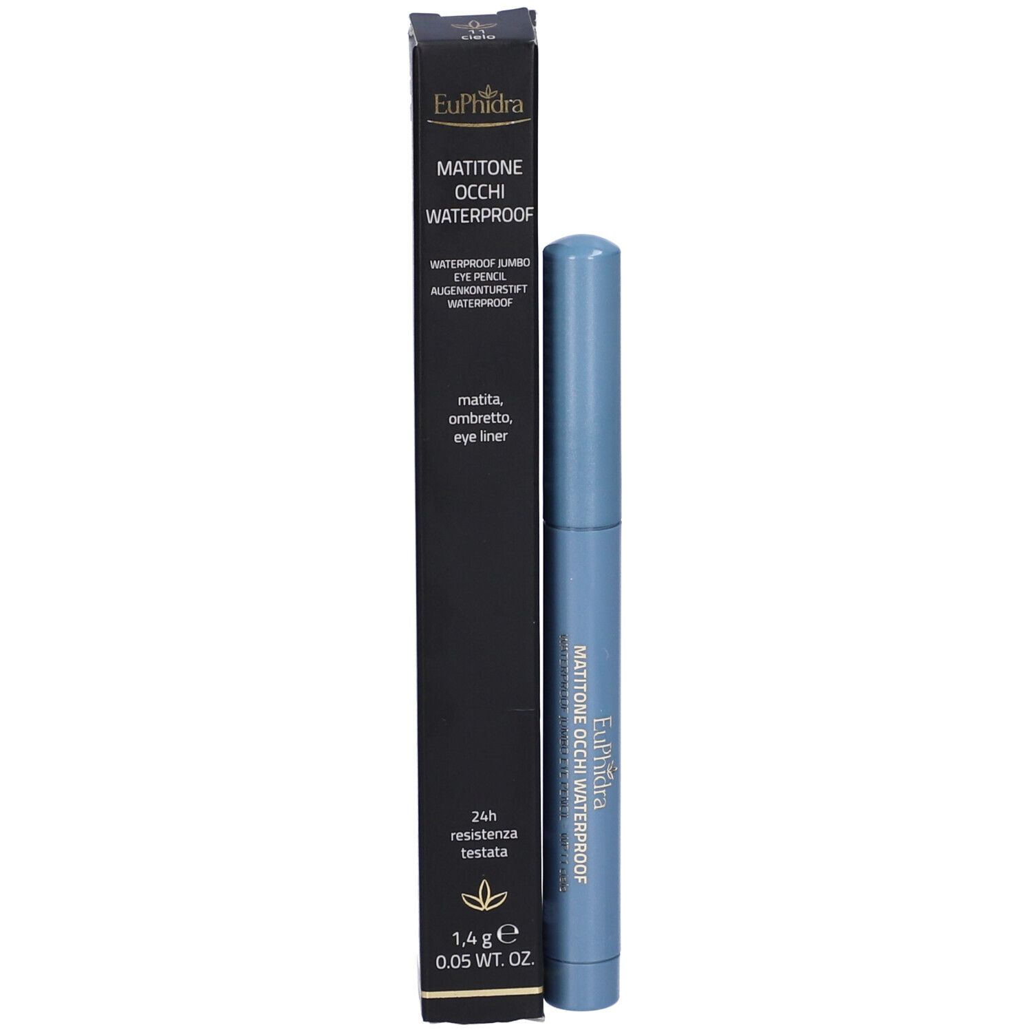 Matita cosmetica azzurra e confezione nera. Scritta: EuPhidra, MATITONE OCCHI WATERPROOF.