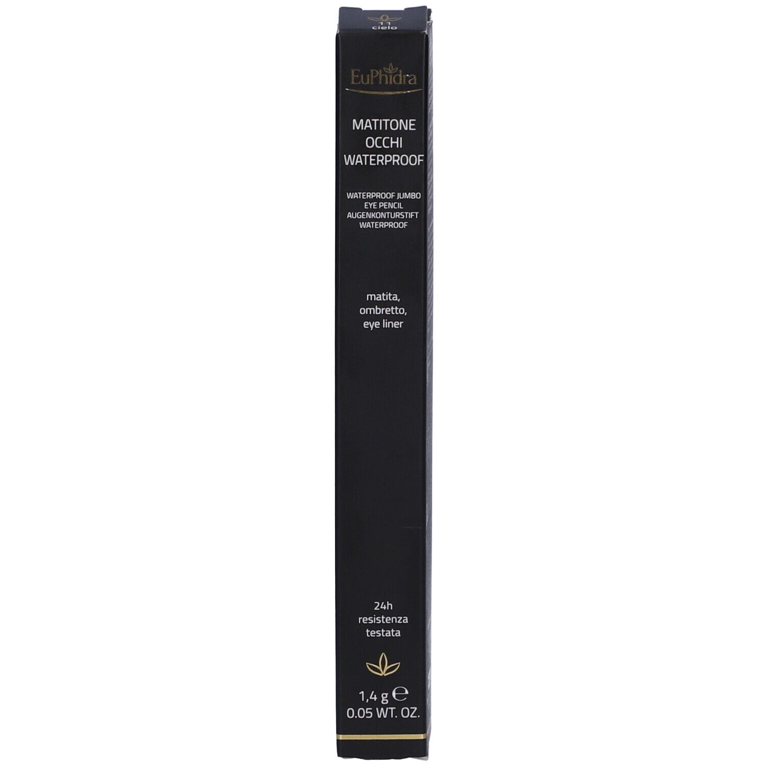 Confezione nera con matita cosmetica azzurra. Scritta: EuPhidra, MATITONE OCCHI WATERPROOF.