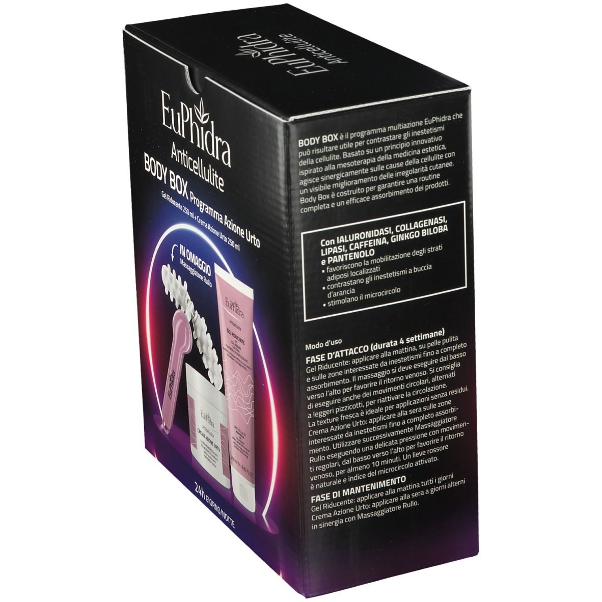 Scatola nera, vista laterale. Dettagli del testo e immagine del prodotto. Contiene crema, gel e massaggiatore.