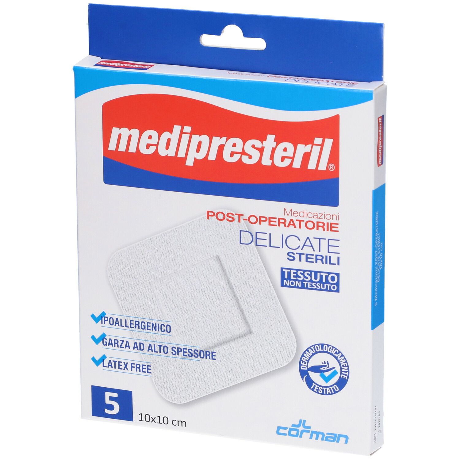 Confezione di medicazioni post-operatorie Mediprestil. 5 pezzi, 10x10 cm. Dermatologicamente testato. Senza lattice.