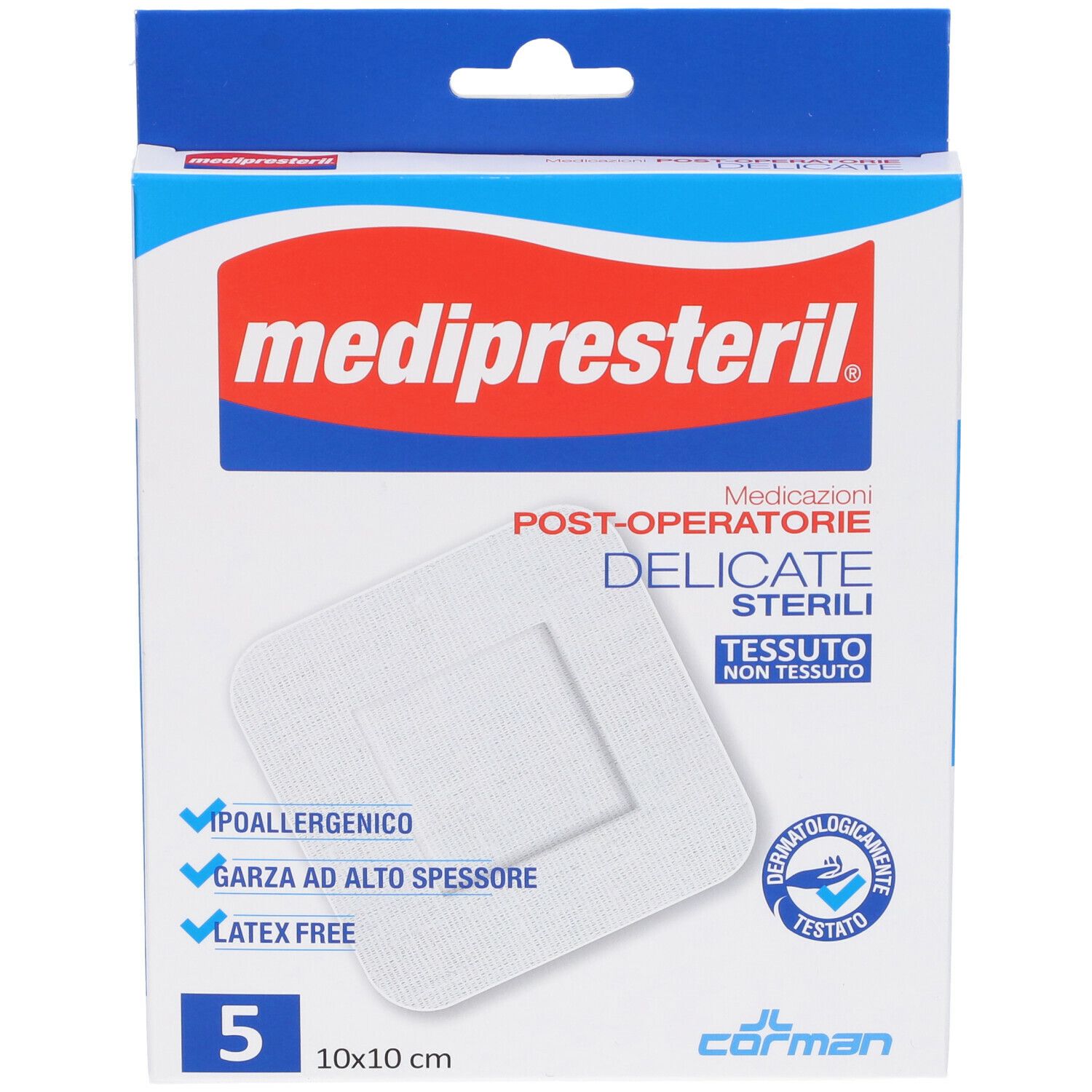 Confezione di medicazioni post-operatorie Mediprestil. 5 pezzi, 10x10 cm. Dermatologicamente testato. Senza lattice.