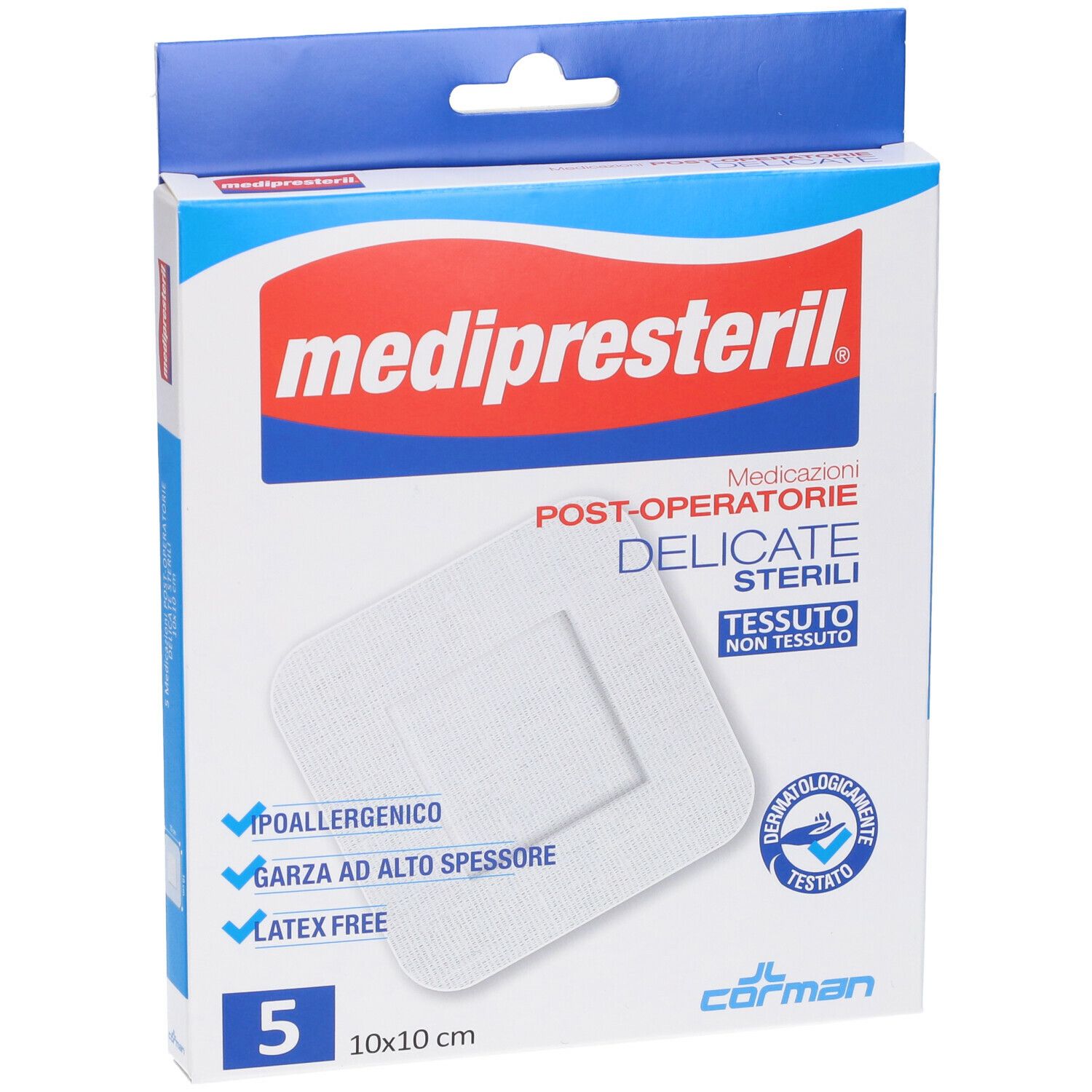 Confezione di medicazioni post-operatorie Mediprestil. 5 pezzi, 10x10 cm. Dermatologicamente testato. Senza lattice.