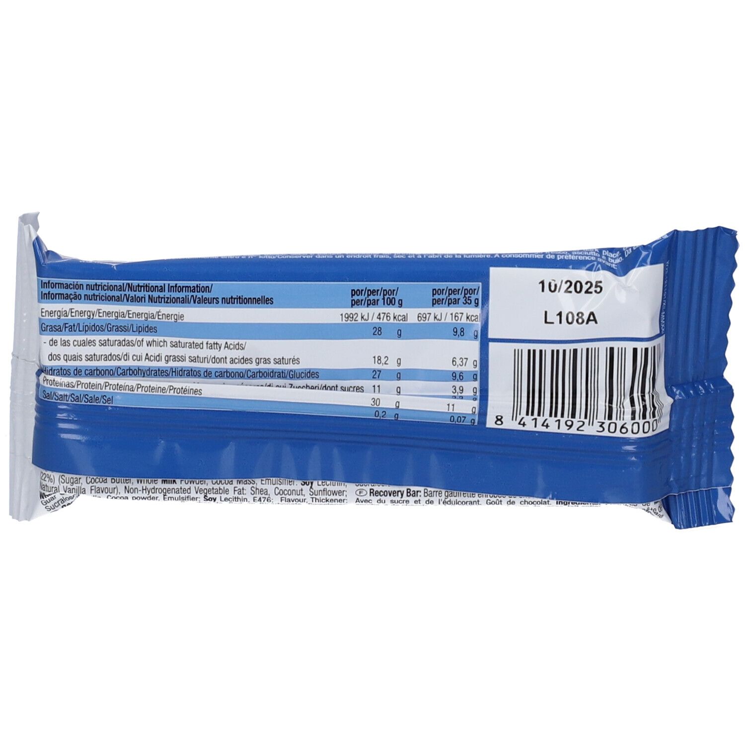 Retro confezione barretta. Contiene informazioni nutrizionali e codice a barre. Scadenza: 10/2025.