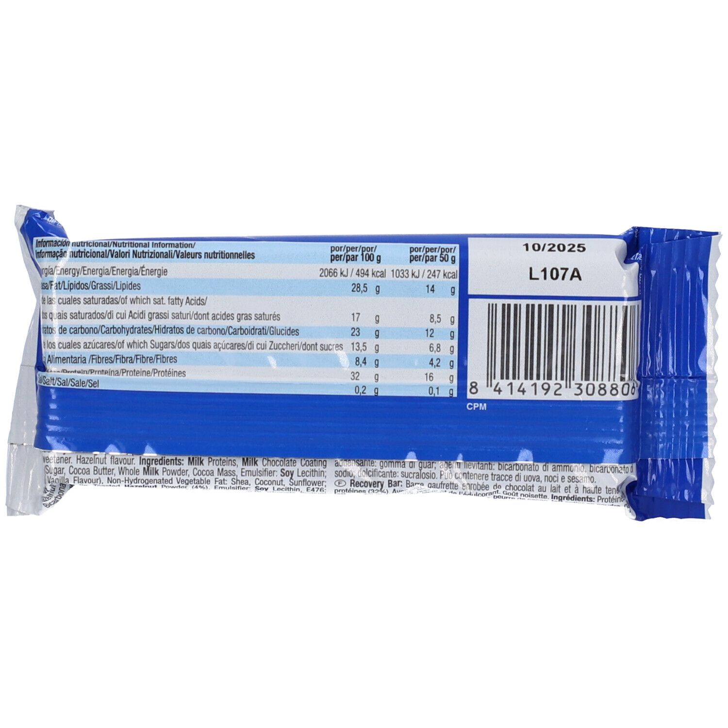 Retro confezione Victory Endurance Recovery Bar. Informazioni nutrizionali e codice a barre. Scadenza: 10/2025.