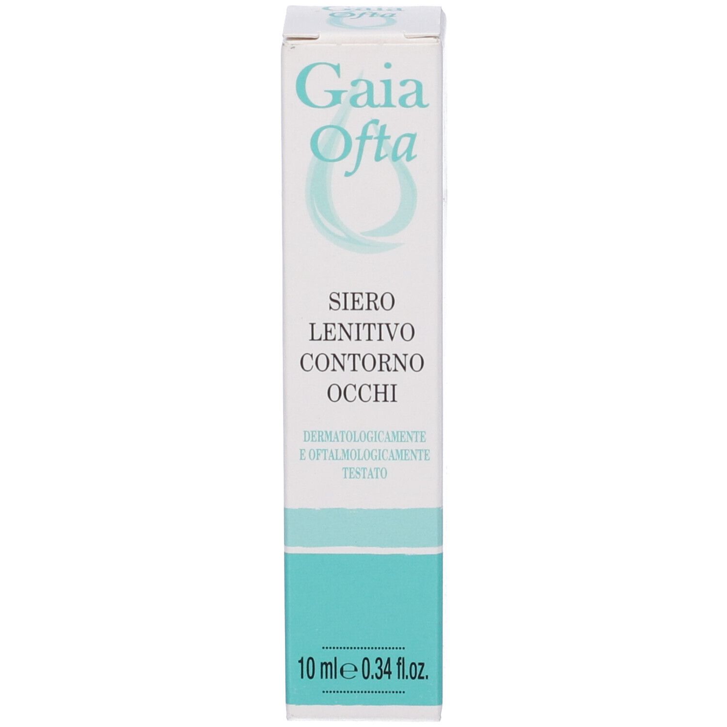Scatola bianca. Scritta: Gaia Ofta, Siero lenitivo contorno occhi. Testato dermatologicamente. Striscia color menta.
