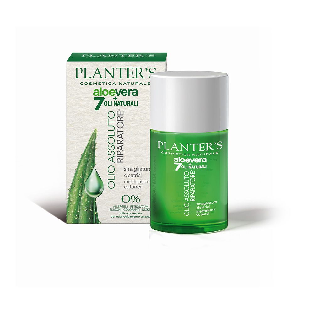 Prodotto con confezione. Flacone verde e scatola. Scritta: Planter's, Aloe Vera, 7 oli. Olio Assoluto Riparatore.