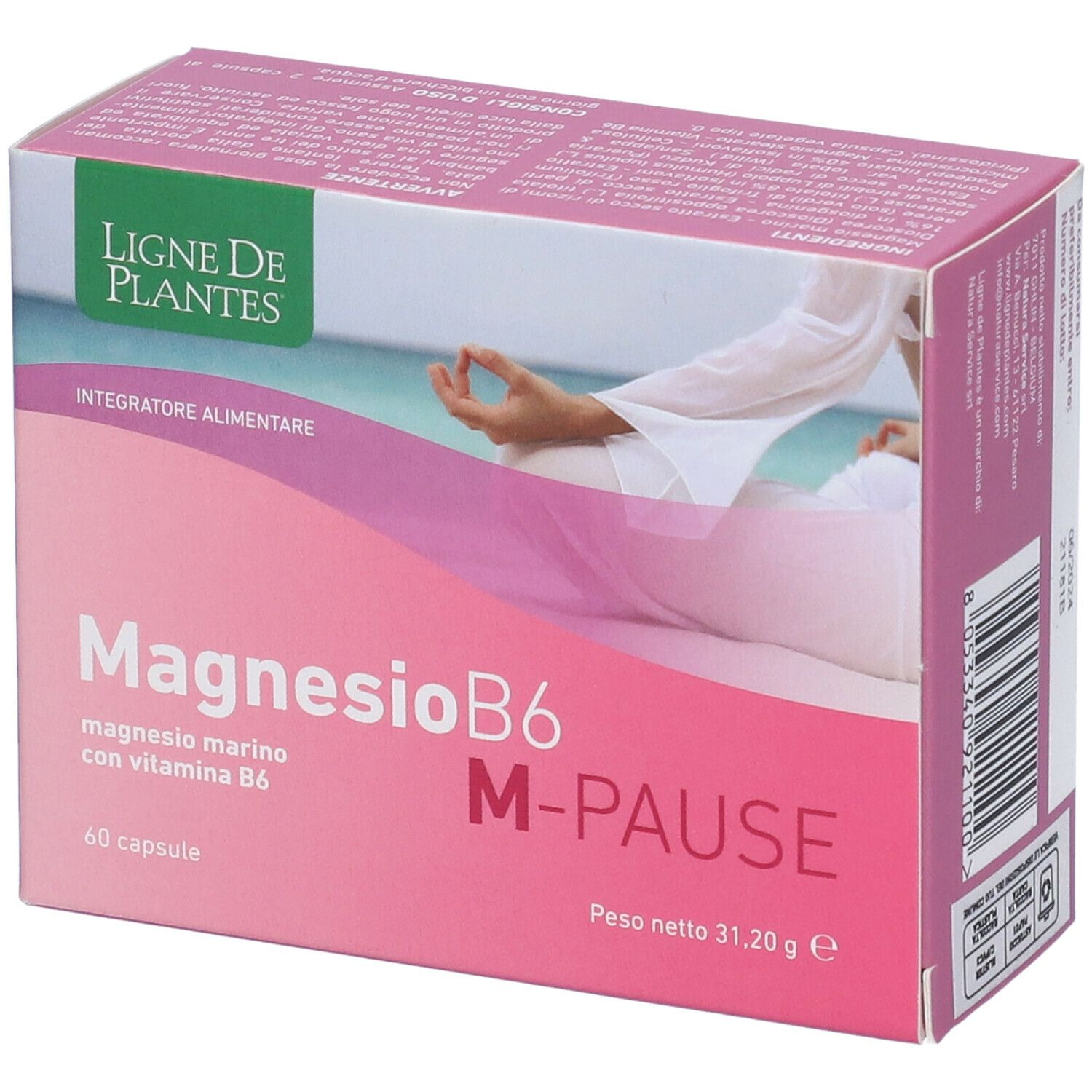 Scatola rosa "MagnesioB6 M-Pause" con 60 capsule. Marchio Ligne de Plantes. Testo in italiano.