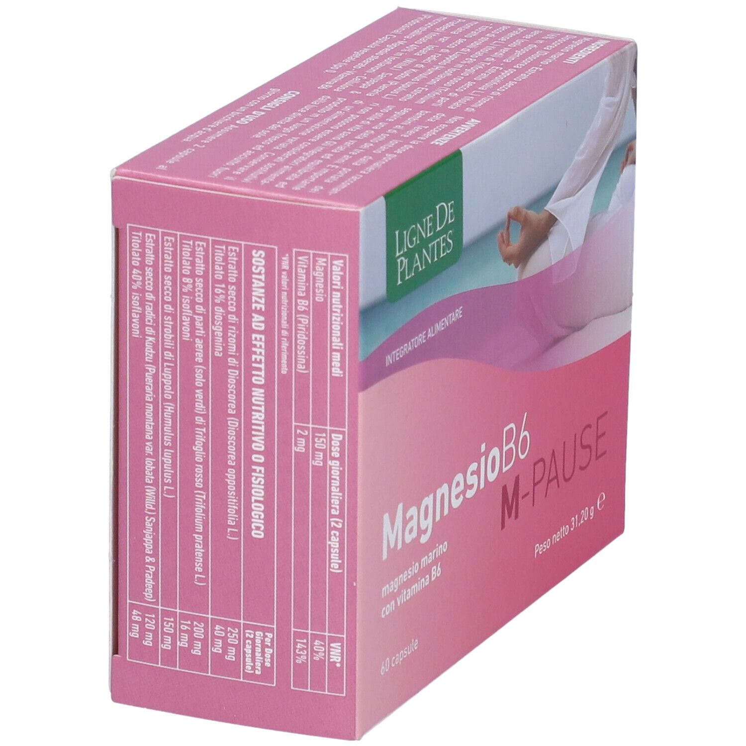 Scatola rosa "MagnesioB6 M-Pause" con 60 capsule. Marchio Ligne de Plantes. Testo in italiano.
