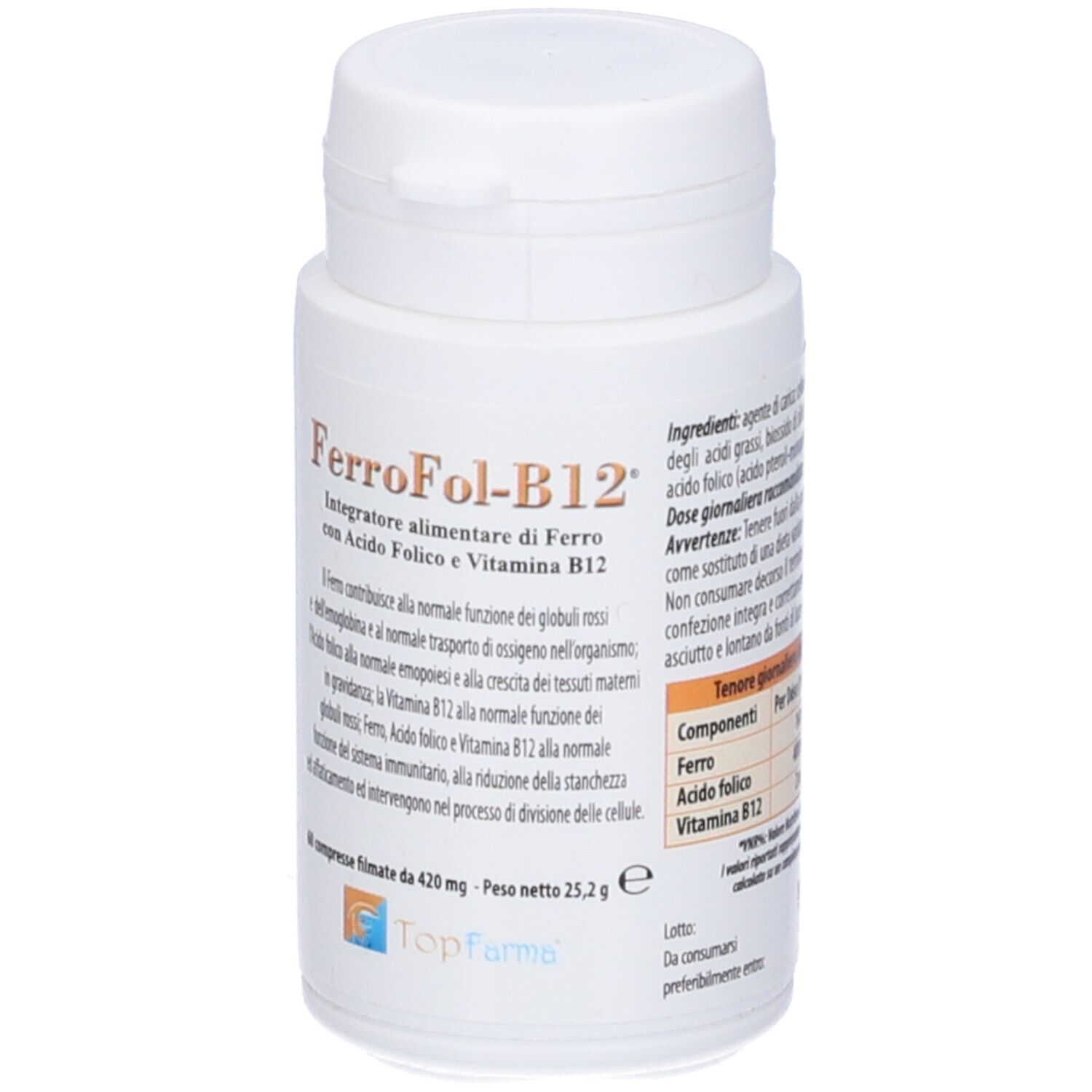 Flacone bianco di compresse FerroFol-B12. Contiene 60 compresse. Marchio Top Farma.