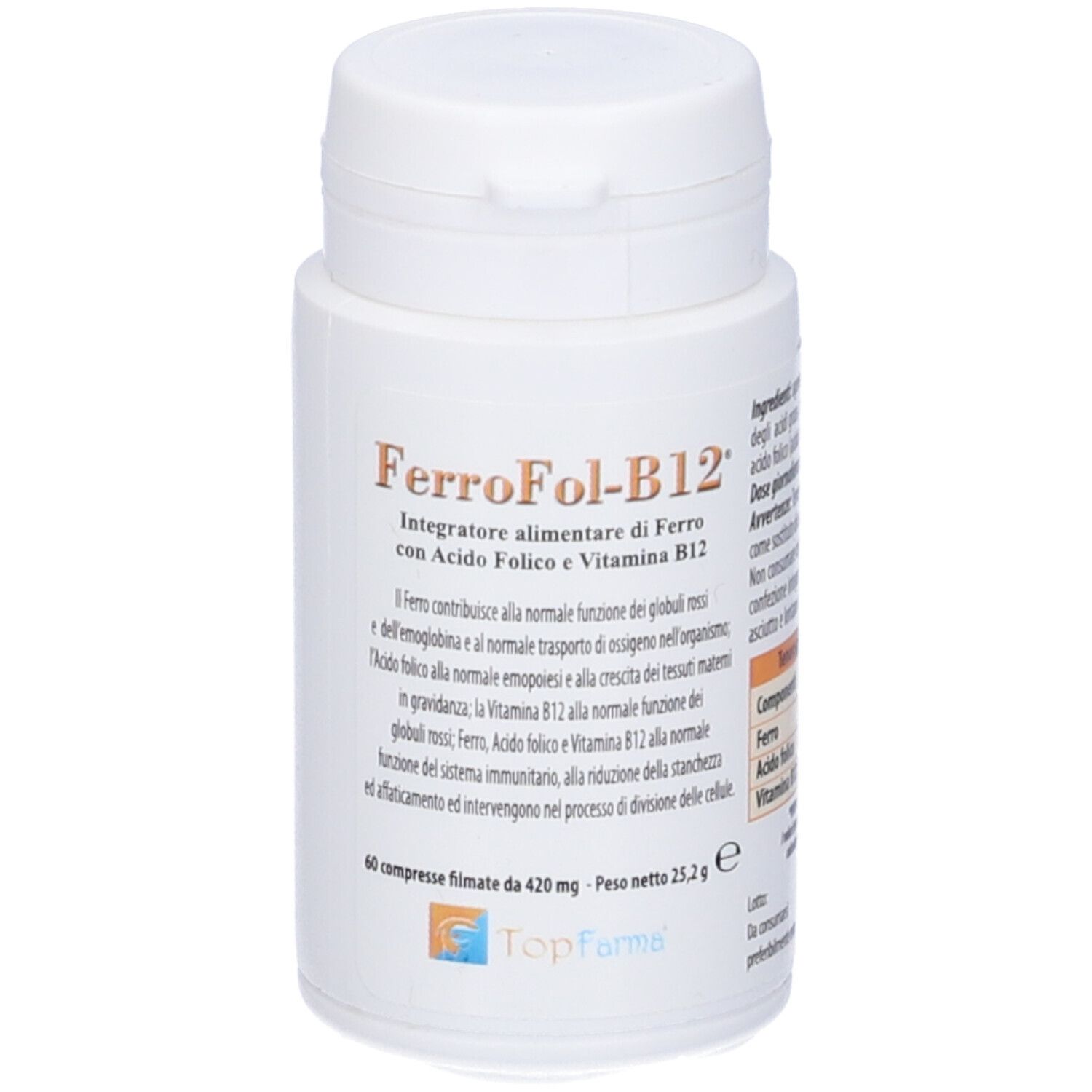 Flacone bianco di compresse FerroFol-B12. Contiene 60 compresse. Marchio Top Farma.