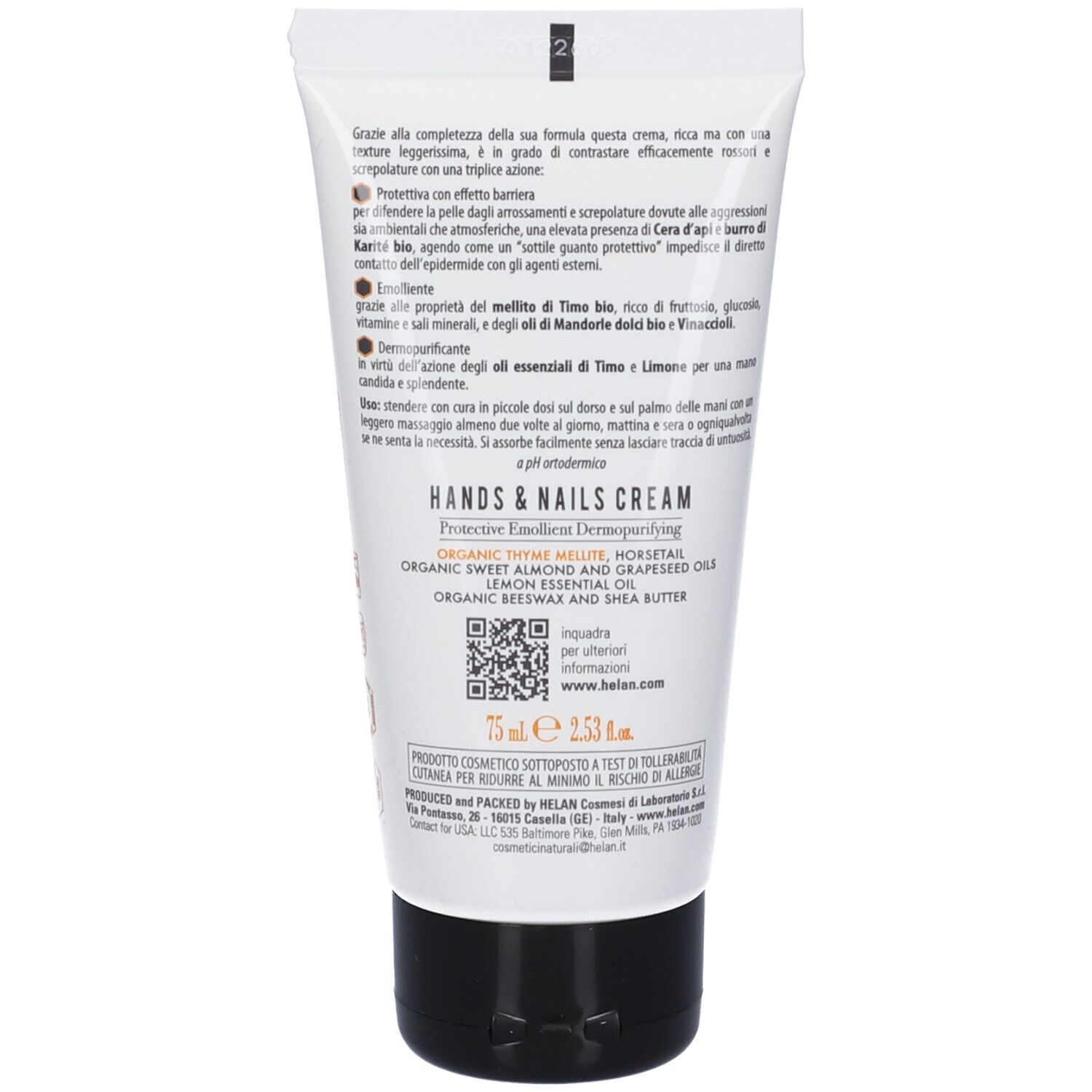 Retro del tubo. Testo: "Hands & Nails Cream". Ingredienti e codice QR. Volume: 75 ml.