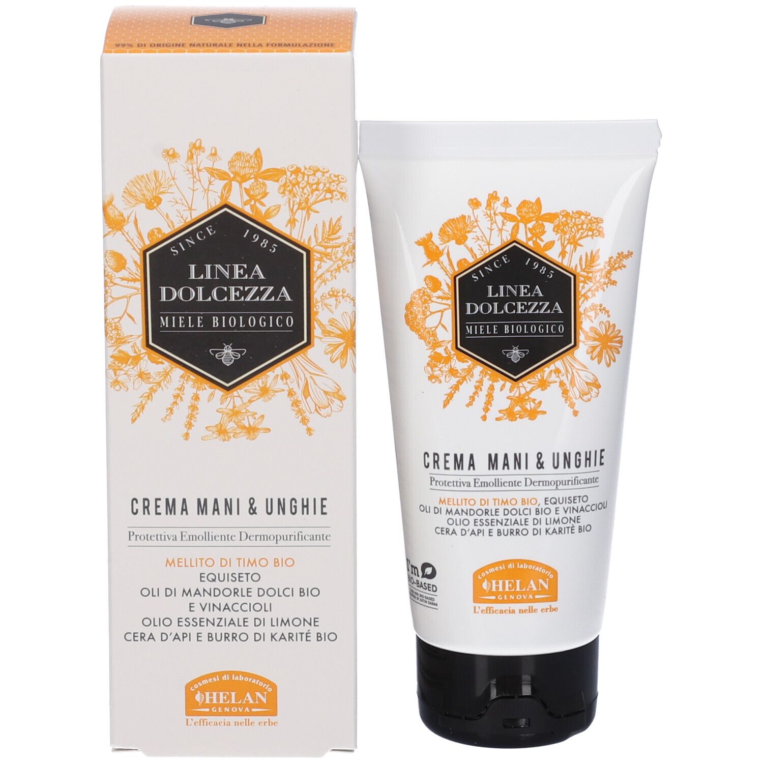 Confezione del prodotto: tubo e scatola. Scritta: "Linea Dolcezza Miele Biologico". Testo: "Crema Mani & Unghie".