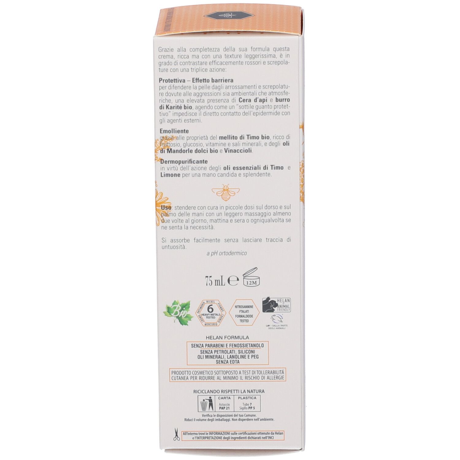 Retro della scatola. Testo e ingredienti. Volume: 75 ml. Certificazioni.