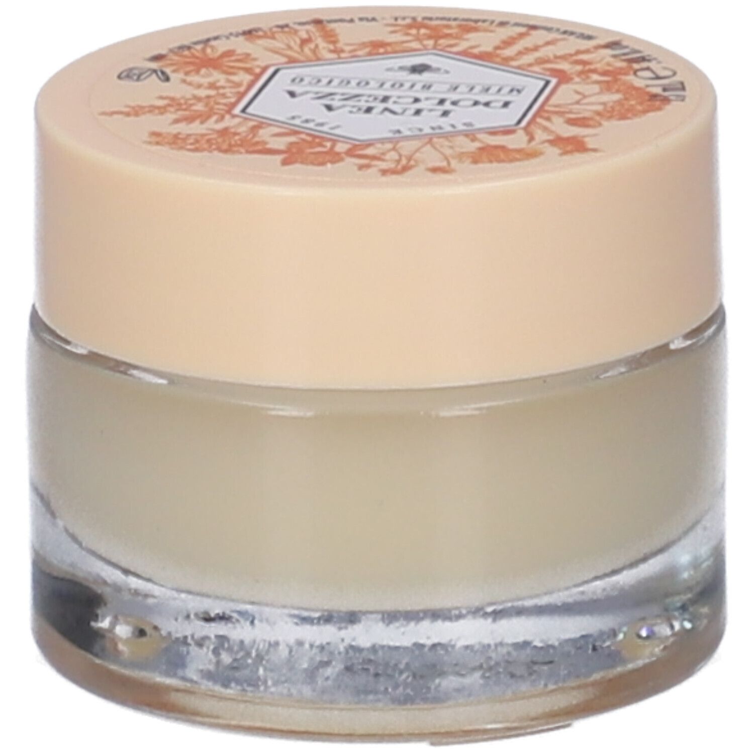 Piccolo vasetto di crema con coperchio. Scritta e illustrazioni sul coperchio. Scritta sul vasetto: APELAB Riparatore Lenitivo.