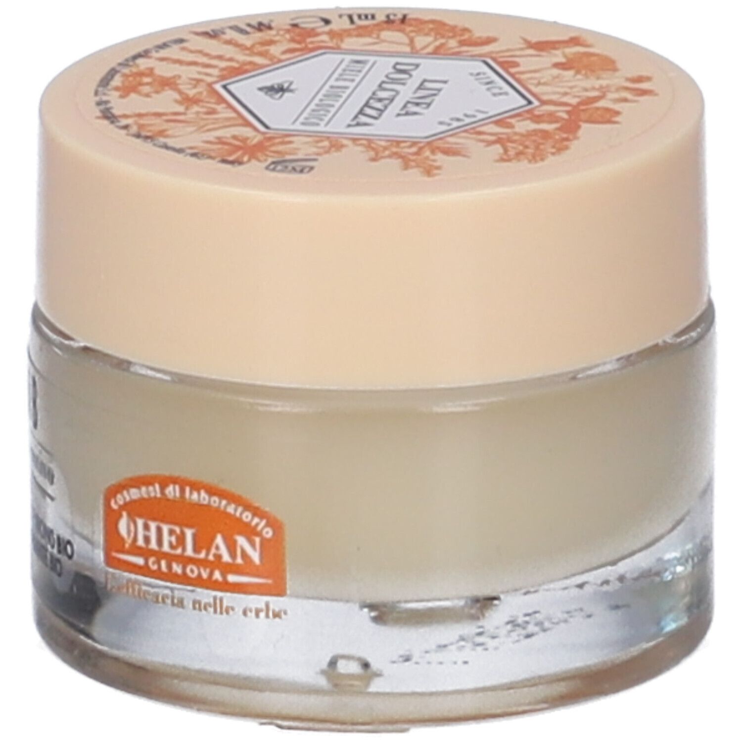 Piccolo vasetto di crema con coperchio. Scritta e illustrazioni sul coperchio. Scritta sul vasetto: APELAB Riparatore Lenitivo.